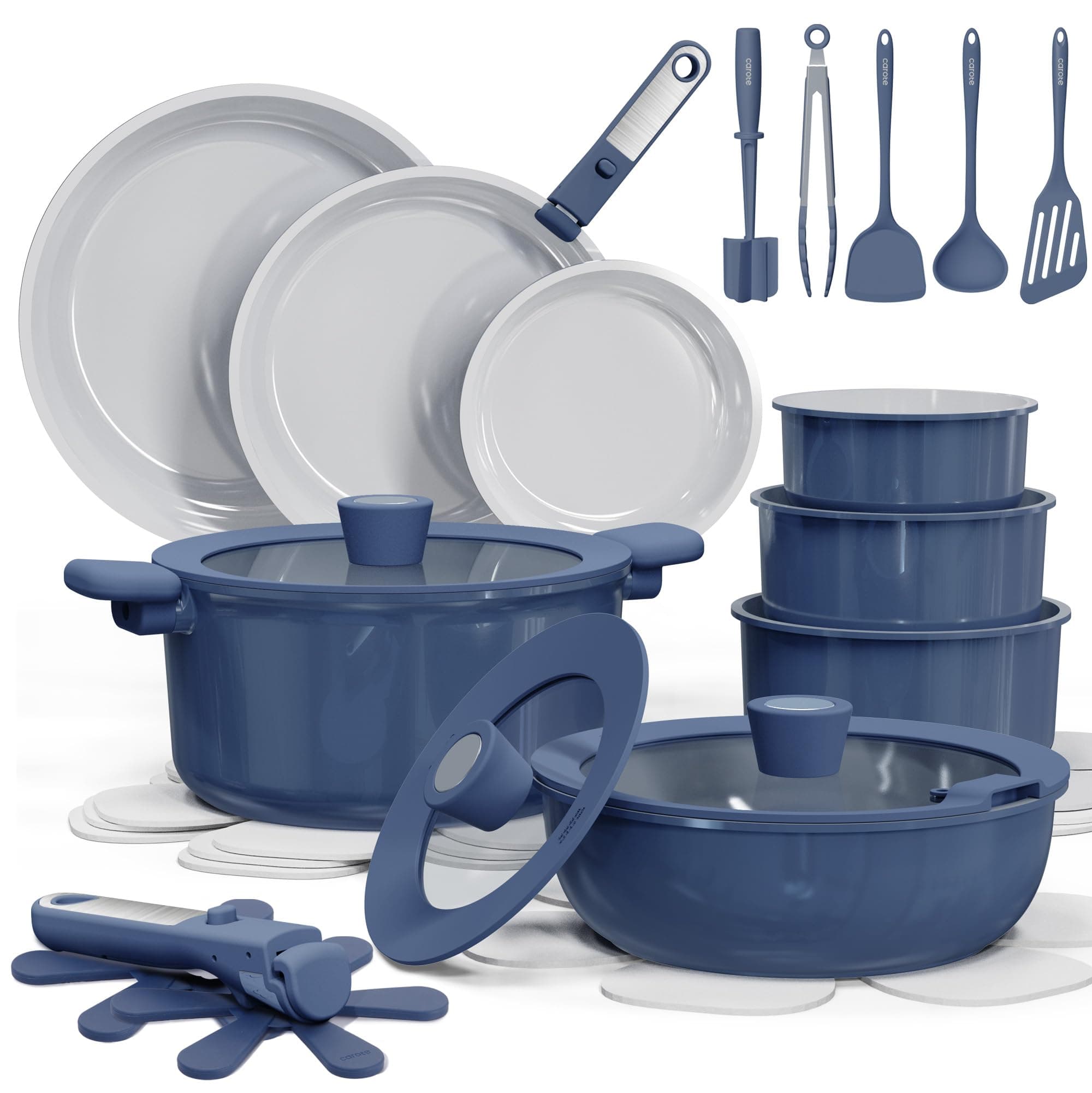 CAROTE 27pcs Ceramic Cookware Set Nonstick, Pots and Pans Set Non Stick, Non Toxic Cookware Detachable Handles, Dishwasher/Oven Safe, RV/Camping Cookware, Pan and Pot with Kitchen Utensils, Navy Blue