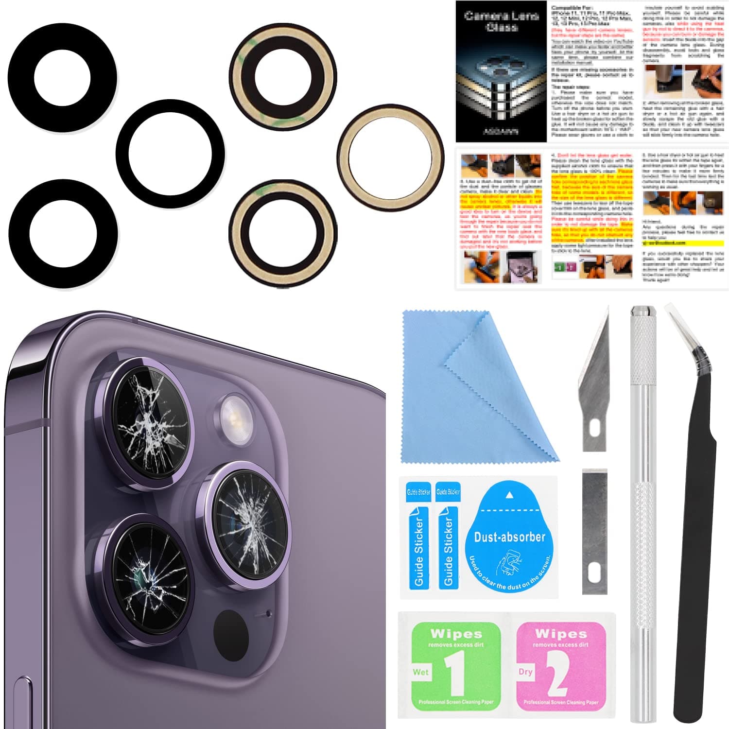 ASDAWN Back Rear Camera Lens Glass Replacement for iPhone 14 Pro 6.1 Inches with Pre-Installed Adhesive, ASDAWN Back camera Lens Glass kit with Installation Manual + Repair Tool Set