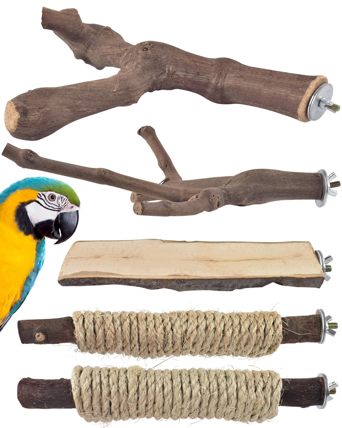 Bissap 5PCS Large Bird Perch Stand, Natural Wood Pole Standing Paw Grinding Fork Parrot Cage Branch with Rope for Macaw African Grey Amazon Pet Medium Large Birds Cage Accessories