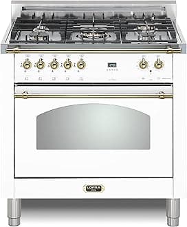 DolceVita Series 36 Inch Freestanding Dual Fuel Range Oven Stove, Cooktop 5 Sealed Brass Burners, Convection, 9 Cooking Modes, Knobs and Handrail Brass, in White