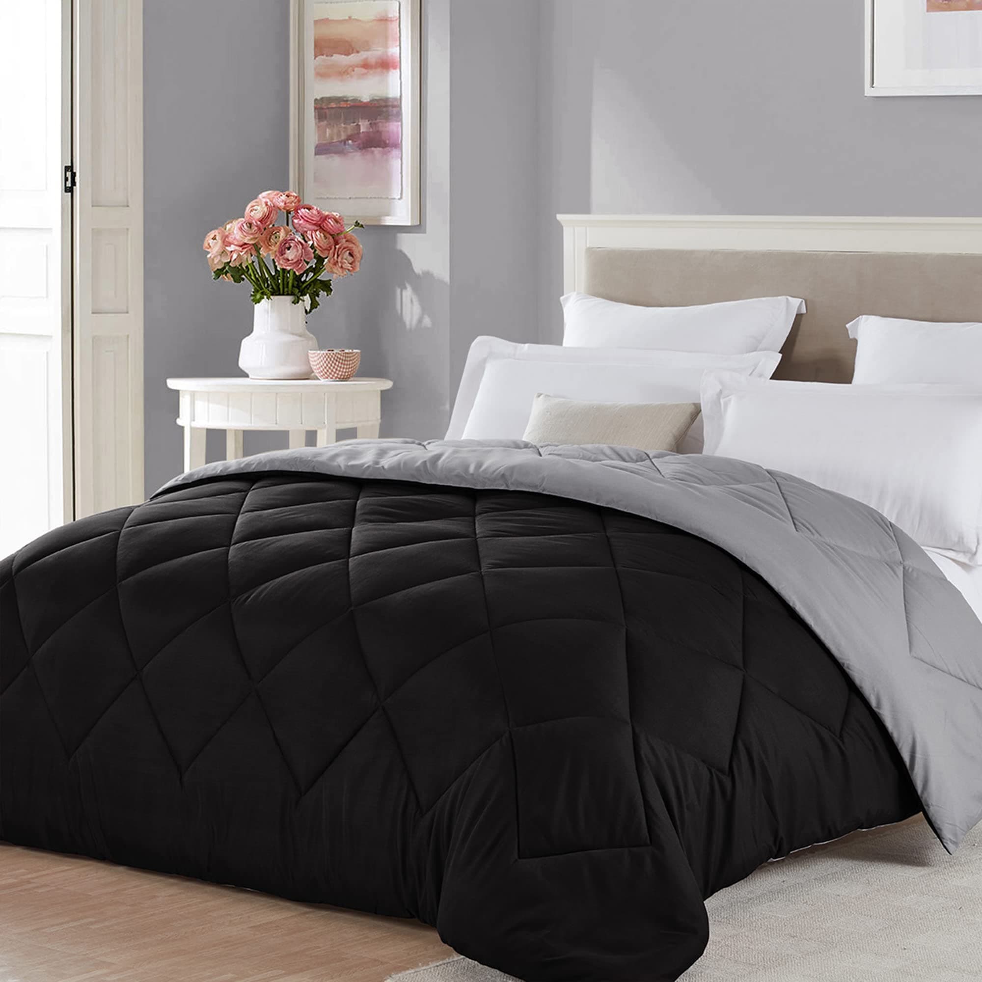 King Size Black Grey Comforter Reversible Lightweight Boys Cooling Bedding Bedspread All Season Spring Blanket
