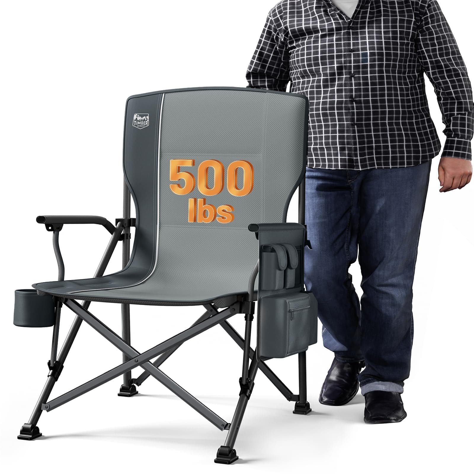 Oversized Folding Camping Chair High Back Heavy Duty for Adults Support up to 500lbs with Cup Holder, Side Pocket Cooler Bag