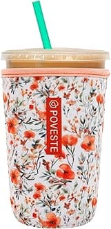 Reusable Neoprene Insulator Sleeve for Iced Coffee & Cold Soda, Coffee Sleeves for Iced & Hot Drinks, Cold Beverage Cooler Compatible with Starbucks, Dunkin (Flower Power, Medium: 22-24oz)