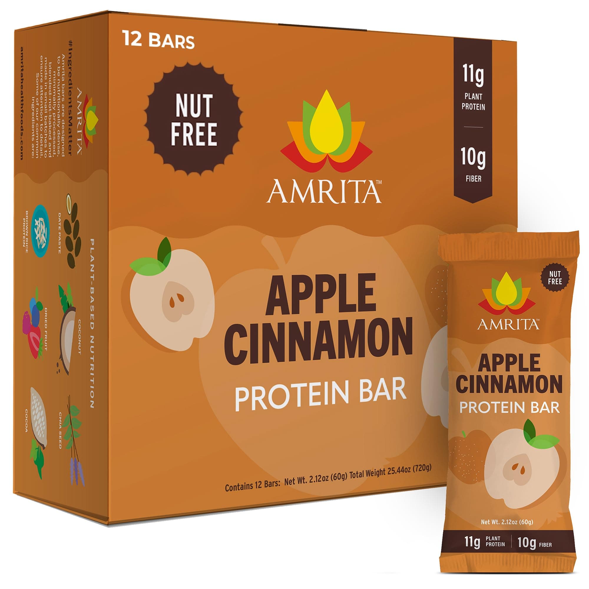 Nut Free Apple Cinnamon Vegan Protein Bars (12 Count) | 11g Plant-Based Protein Bar | Peanut Free, Gluten Free, and Dairy Free | Low Sugar, High Fiber, Healthy School-Safe Snacks