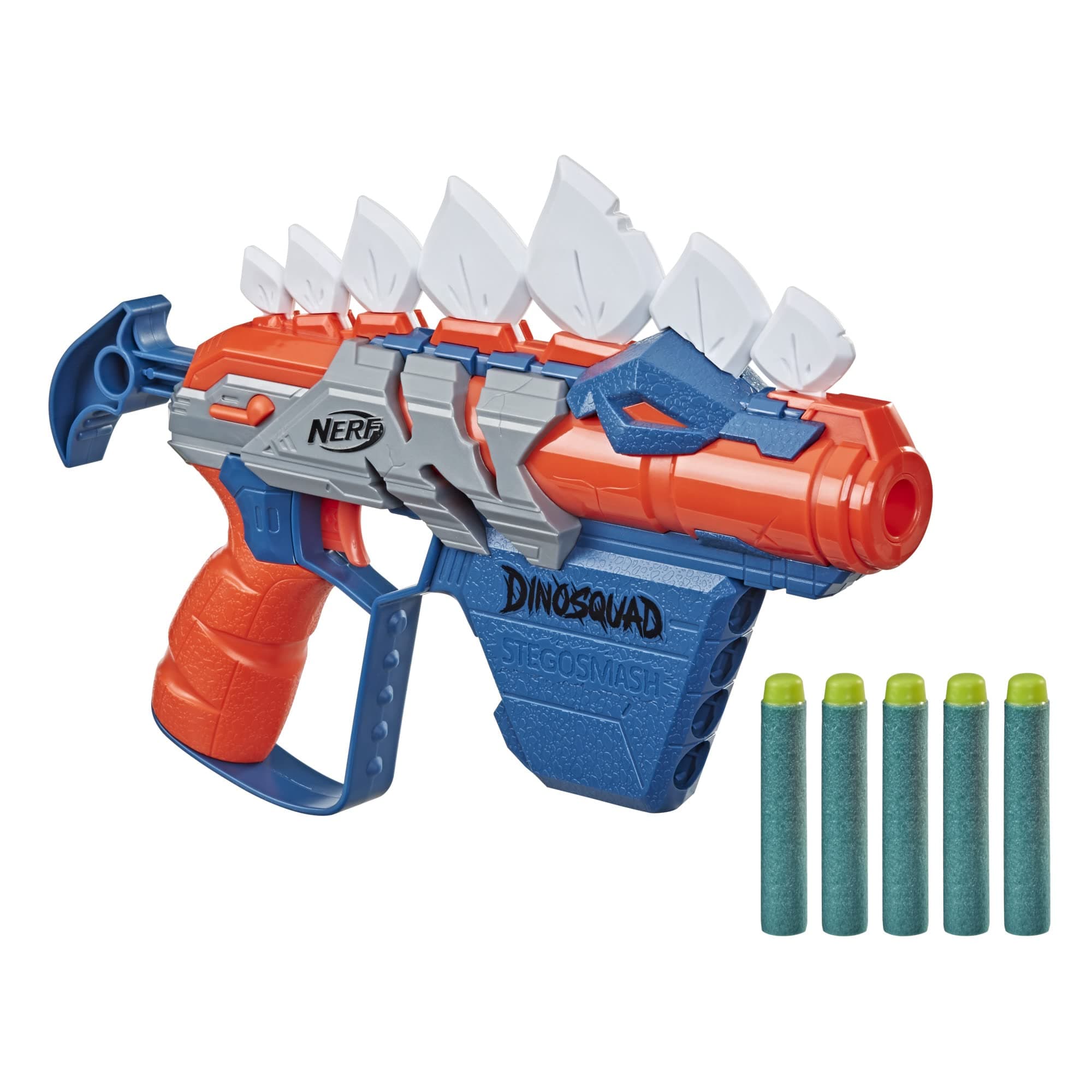 DinoSquad Stegosmash Dart Blaster, 4-Dart Storage, Pull-Back Priming Handle, 5 Official Darts, Dinosaur Design, Stegosaurus Spikes