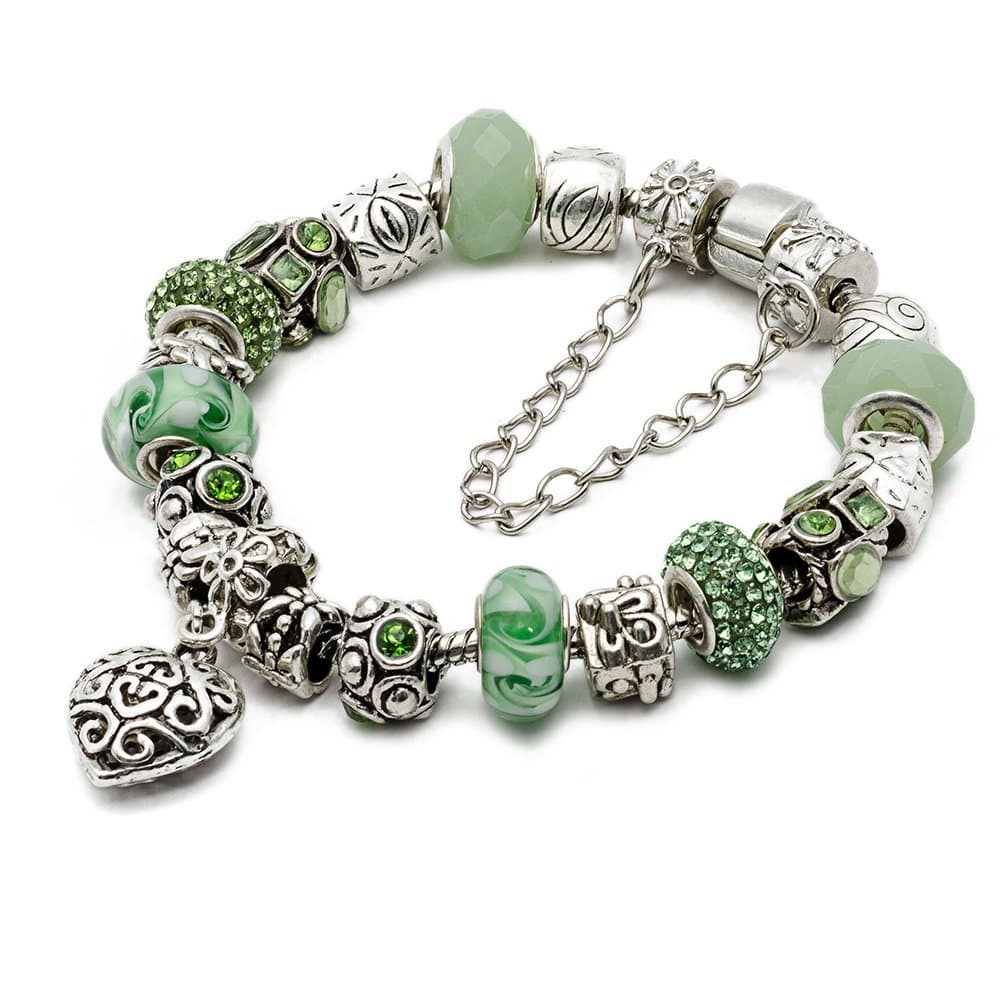 RUBYCA Silver Tone European Charm Bracelet 7.9" Green Murano Glass Beads DIY Jewelry Making Kit 25