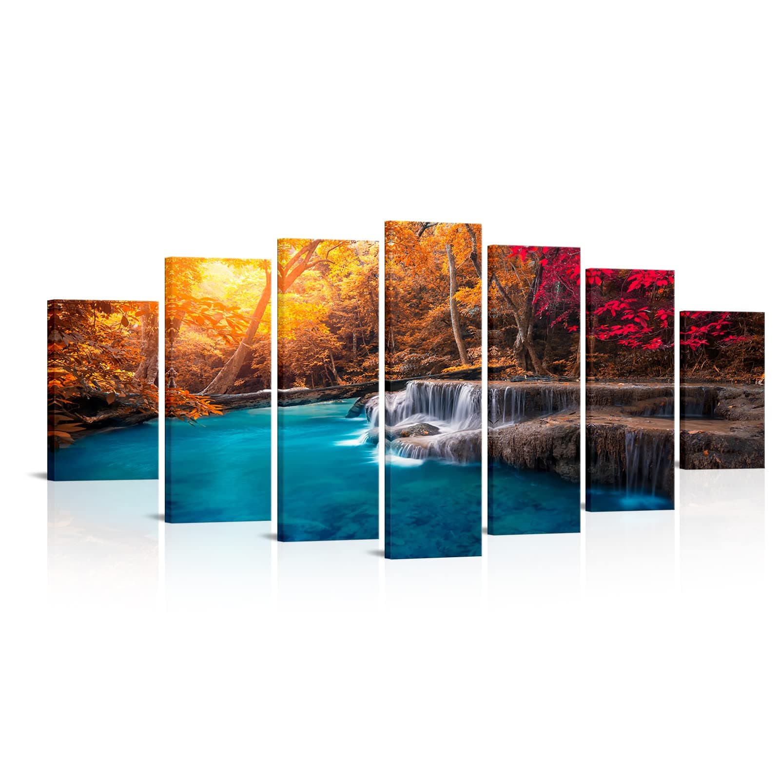 Visual Art Decor Xlarge 7 Pieces Blue Lake Waterfall in Red Fall Forest Canvas Wall Art Nature Landscape Wall Decor, Framed Ready to Hang for Modern Living Room Bedroom Office Decoration