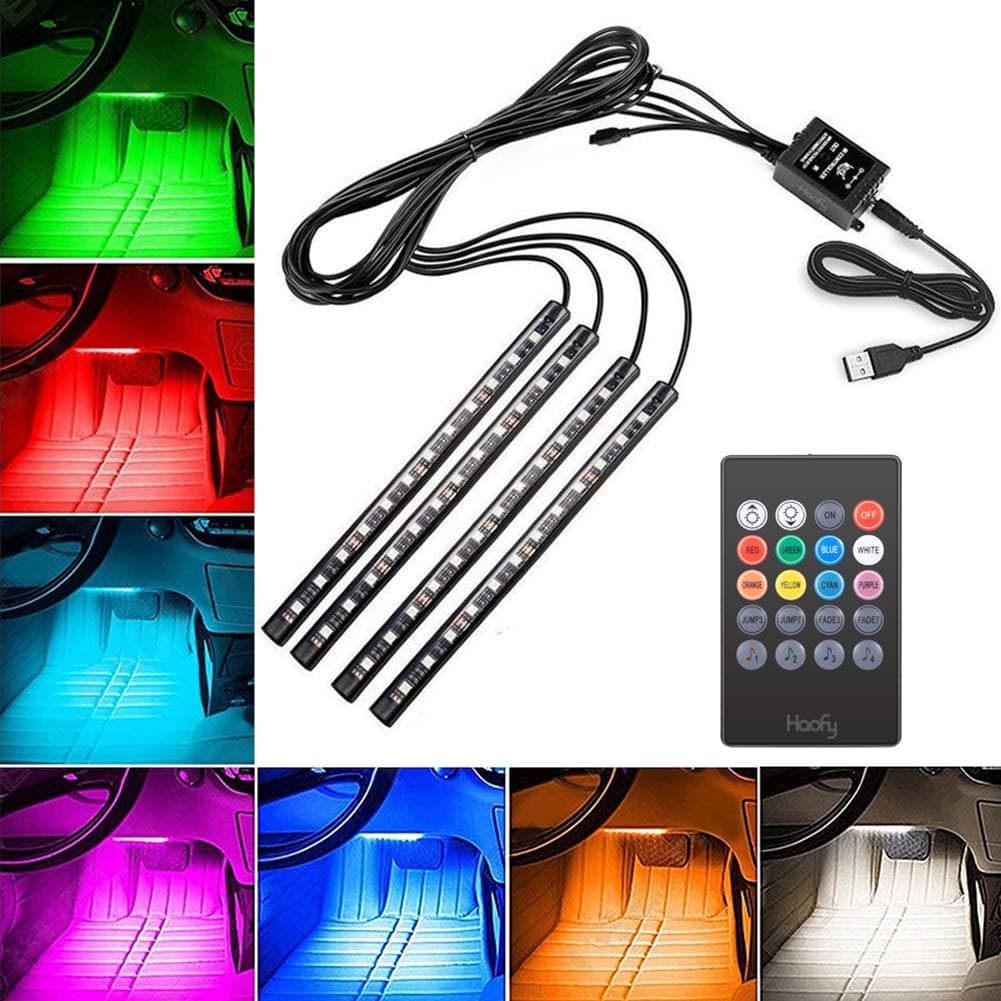 Haofy LED Interior Car Strip Lights, 4pcs 48 Lights, Multicolor Music Atmosphere Light Under Dash Car Lighting Kit with Sound Active Function Wireless Remote Control Battery USB Port 8 Colors, DC 5V