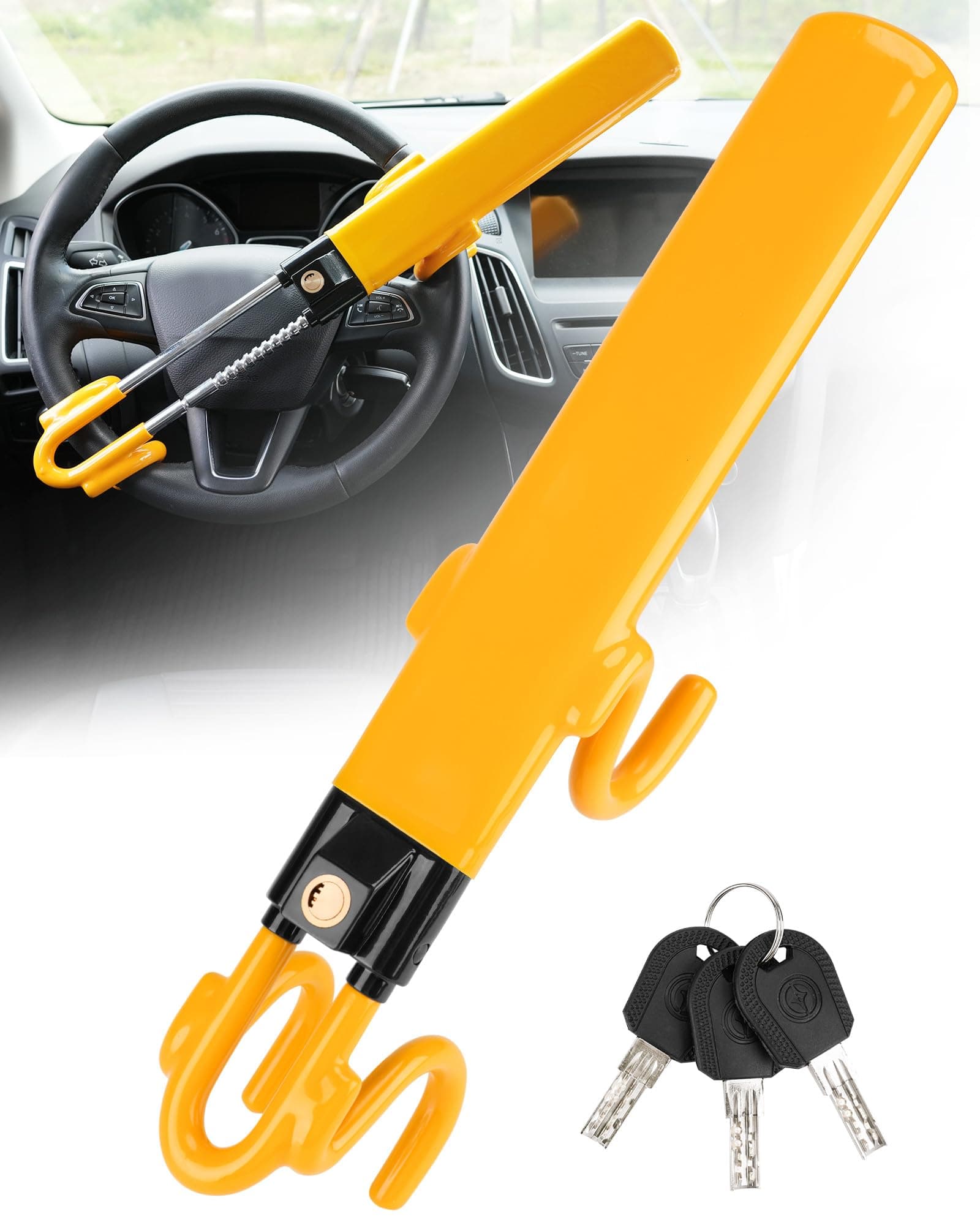 Steering Wheel Lock - Heavy Duty Antitheft Device and Car Security Lock with Adjustable Locking and 3 Keys - Great Vehicle and Truck Deterrent (Yellow)