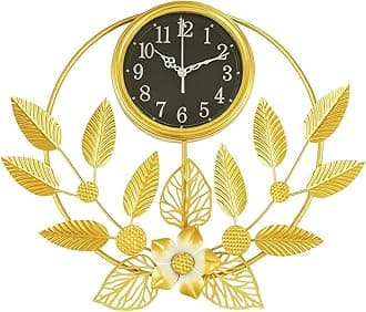 Large Wall Clock Creative Metal Flower Leaf Design Wall Clock Silent Non Ticking Decoration Wall Clocks for Living Room Bedroom Home (MO-17)