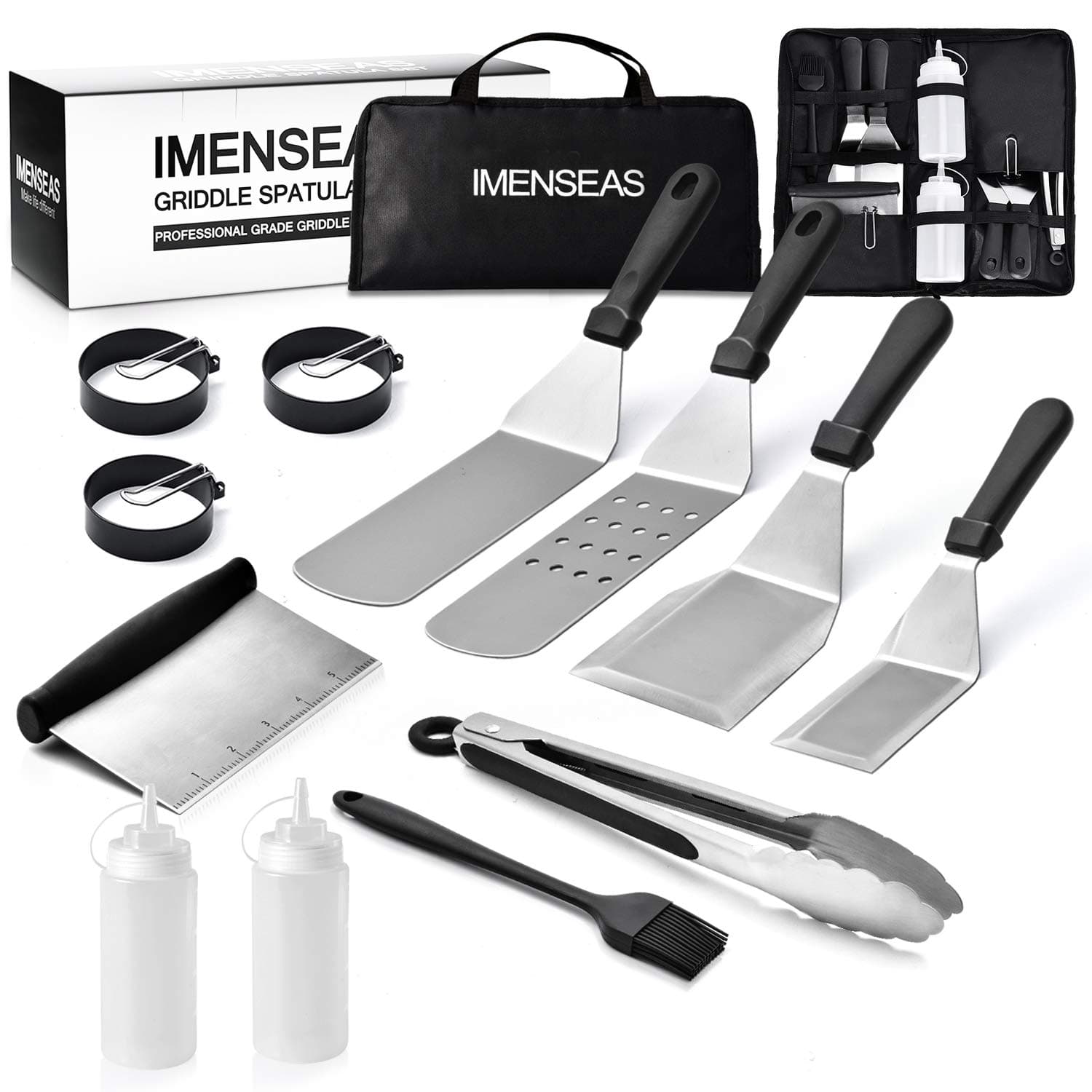 IMENSEAS Professional Grill Griddle BBQ Accessories Kit - 14 PC Stainless Steel Griddle Tool Set with Spatula Tongs Egg Ring Turner Scraper Carrying Bag - Great for Flat Top Cooking Camping Tailgating