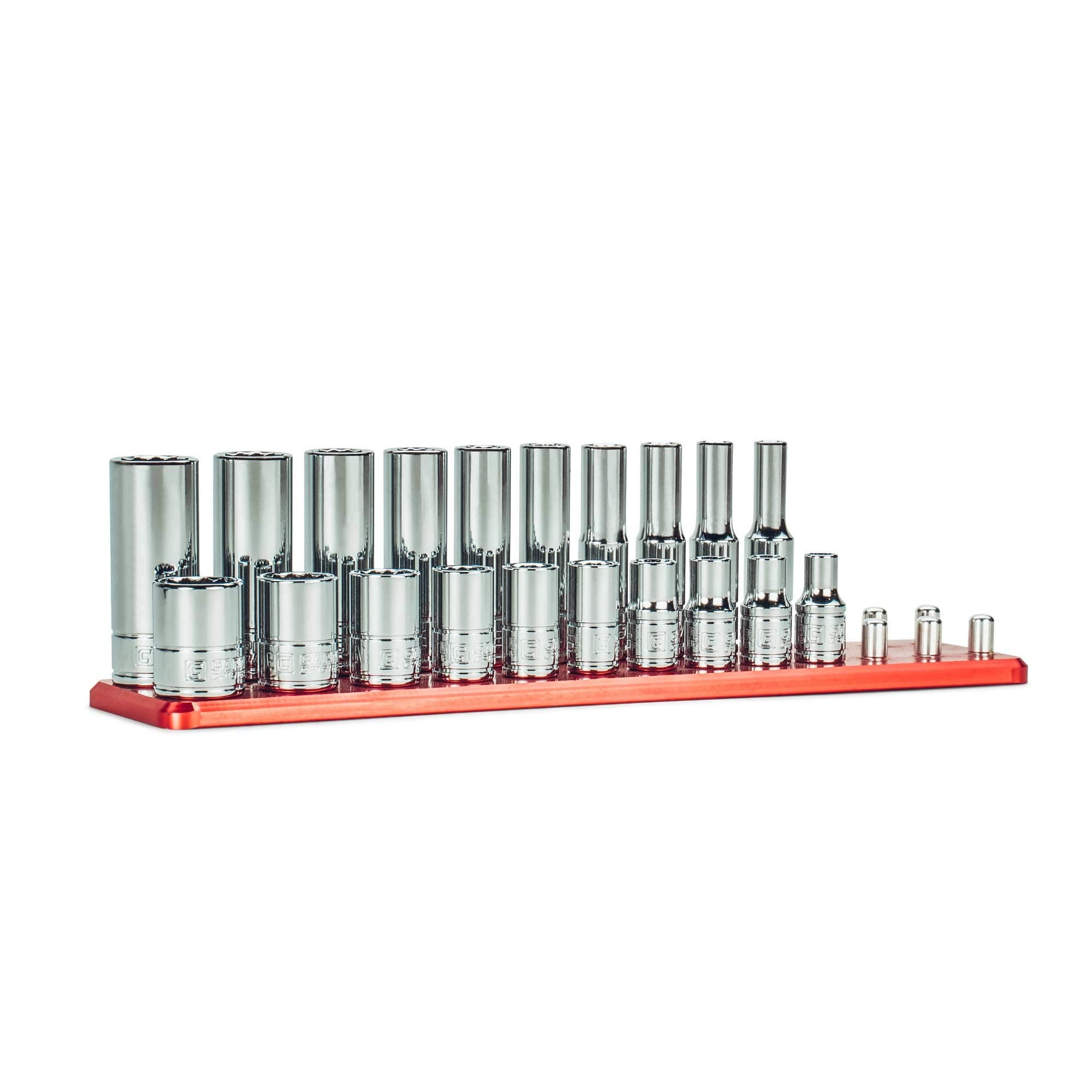 Capri Tools 1/4 in. Drive 12-Point Shallow and Deep Socket Set, SAE, 3/16 to 9/16 in., SAE, 20-Piece with Billet Aluminum Socket Rail