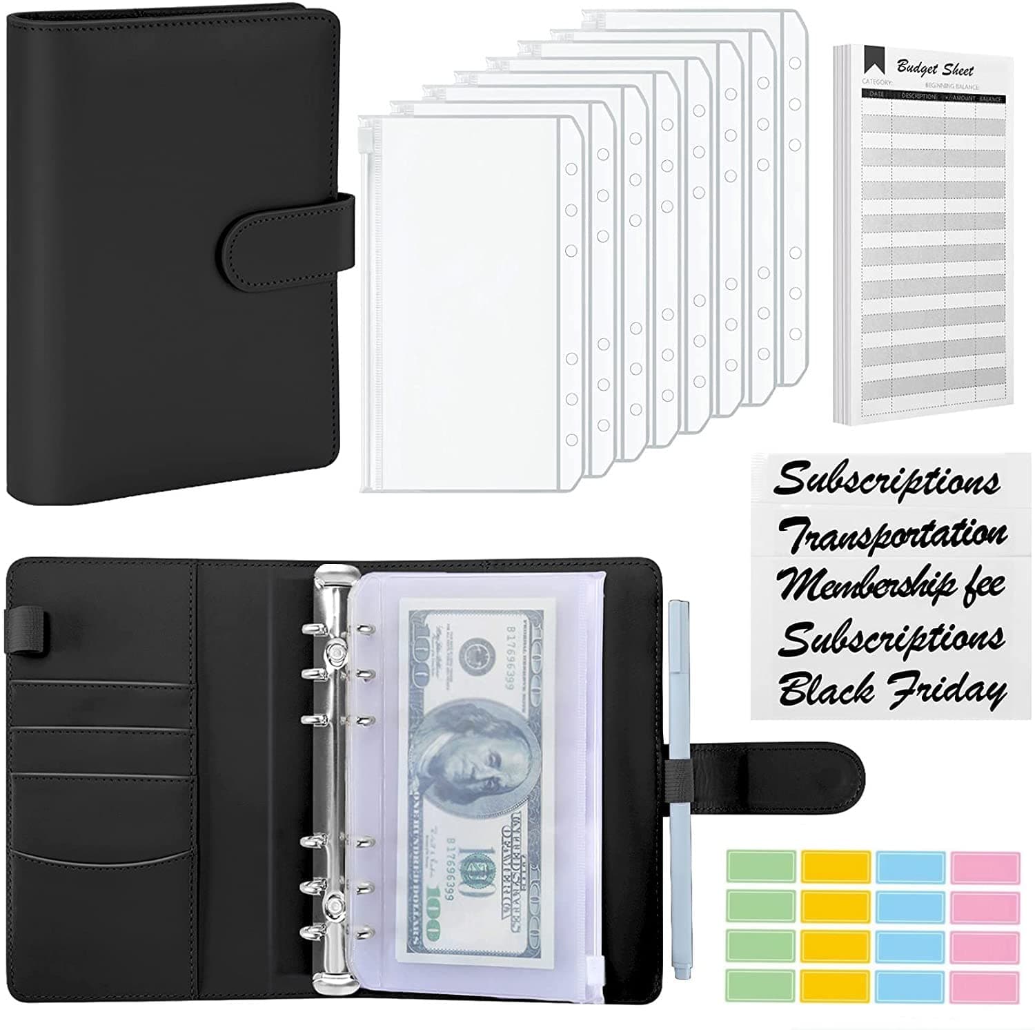 MATHARAGO A6 PU Leather Budget Planner Organizer 6 Ring Binder Cover, 8 Pockets, 12 Expense Sheets & 2 Category Stickers, Money Saving for Budgeting (Black)