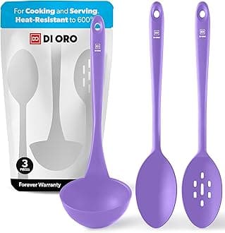 DI ORO Silicone Ladle & Spoons for Cooking – Large Kitchen Spoons for Mixing, Serving & Stirring - Soup Ladle with Wide Bowl - High Heat Silicone Kitchen Utensils for Nonstick Cookware Safe (Lavender)