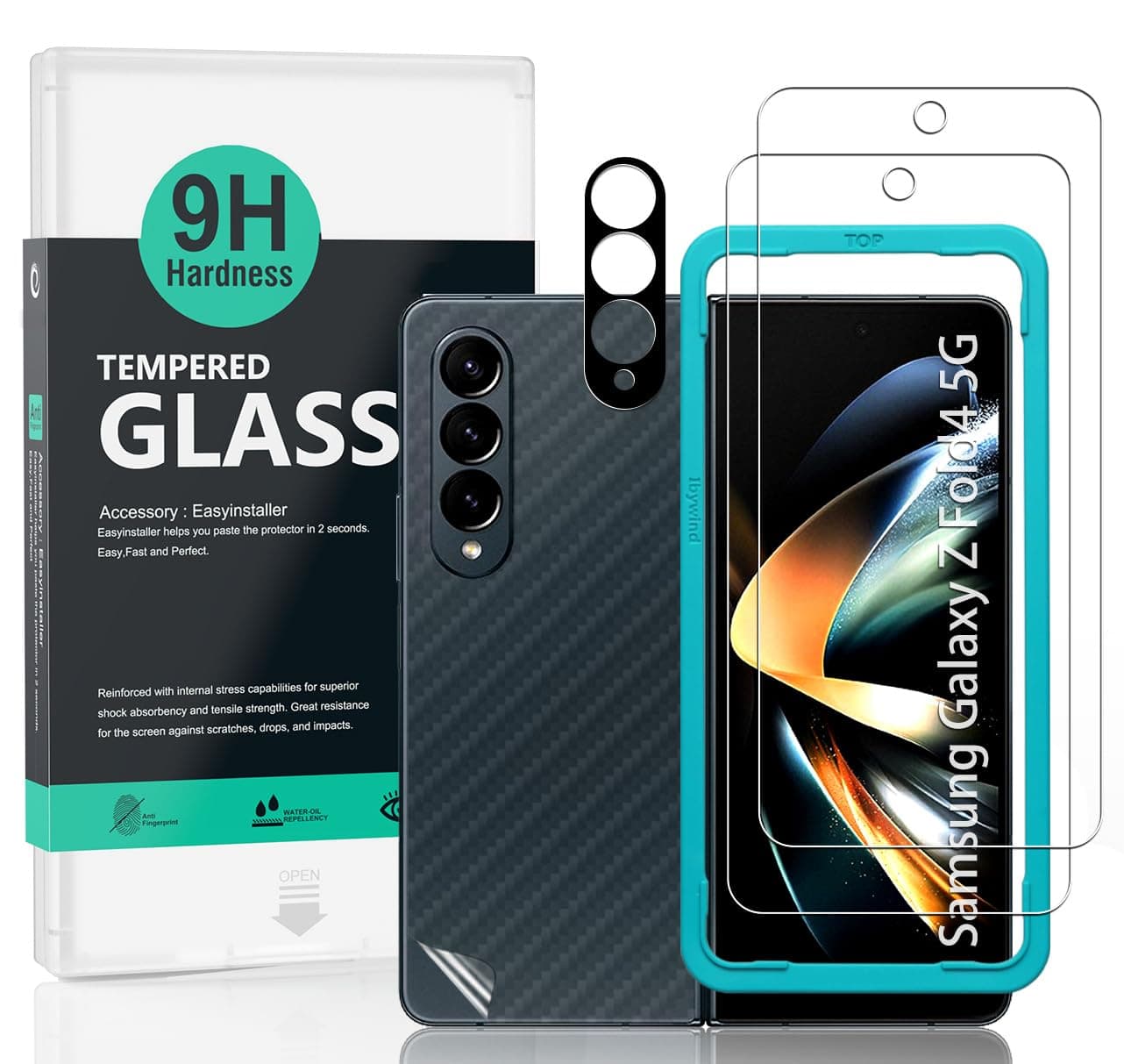 Ibywind Screen Protector For Samsung Galaxy Z Fold4 5G(6.2"),with 2Pcs Tempered Glass,1Pc Camera Len Protector,1Pc Backing Carbon Fiber Film[Fingerprint Reader,Easy to install,Case Friendly]