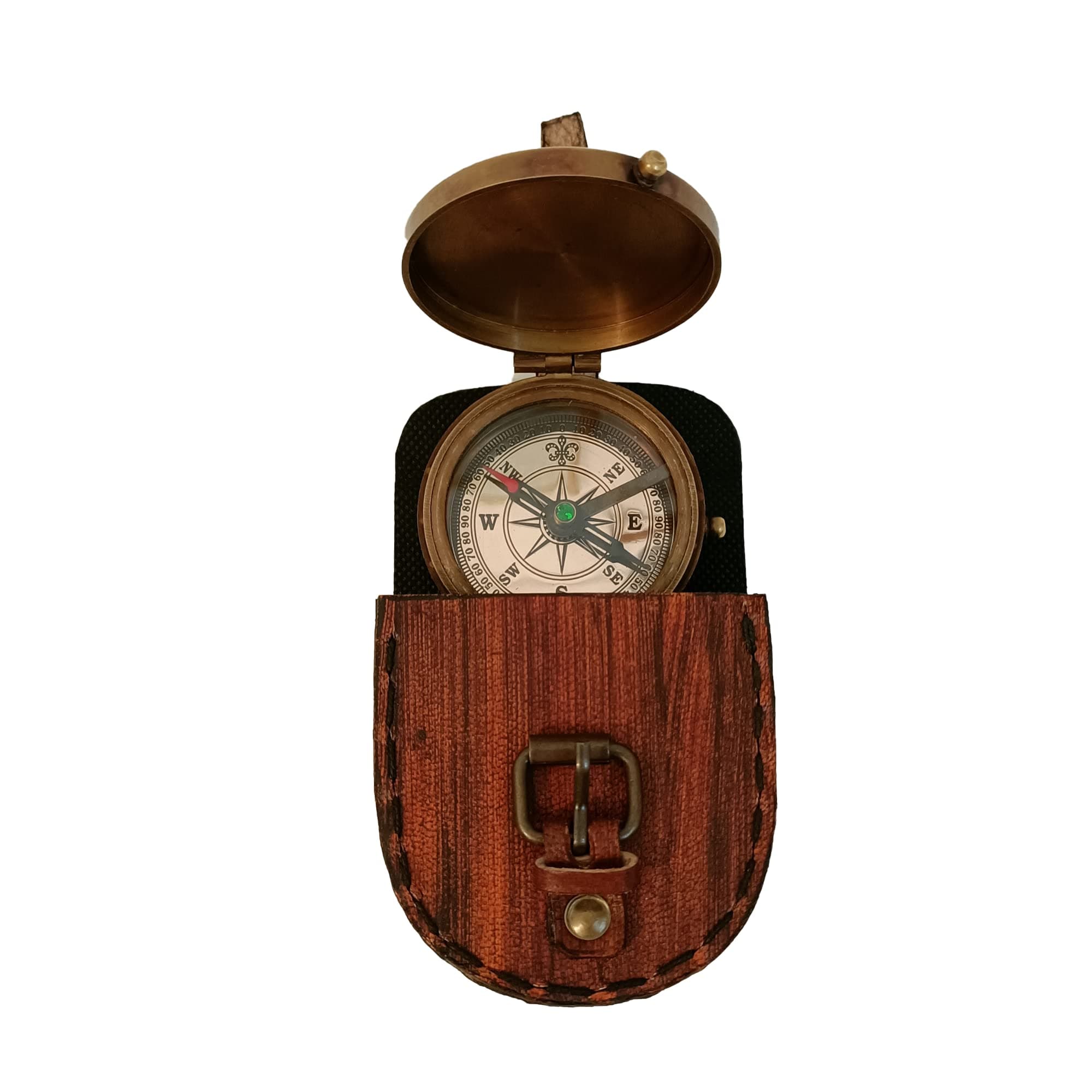 SOHRAB NAUTICALS Solid Brass Beautiful Design Antique 2" inch Flat Pocket Compass with Leather Case & with Brass dial Weight 115 gm