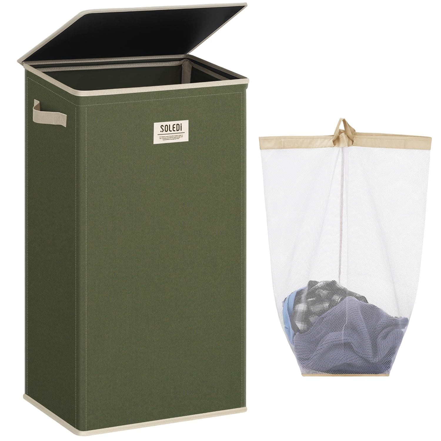 SOLEDI Laundry Hamper with lid, 100L Large Laundry Basket with Removable Bag Easy to Carry, Tall Clothes Hamper,Dirty Hampers for Bedroom, Bathroom, Dorm Avocado