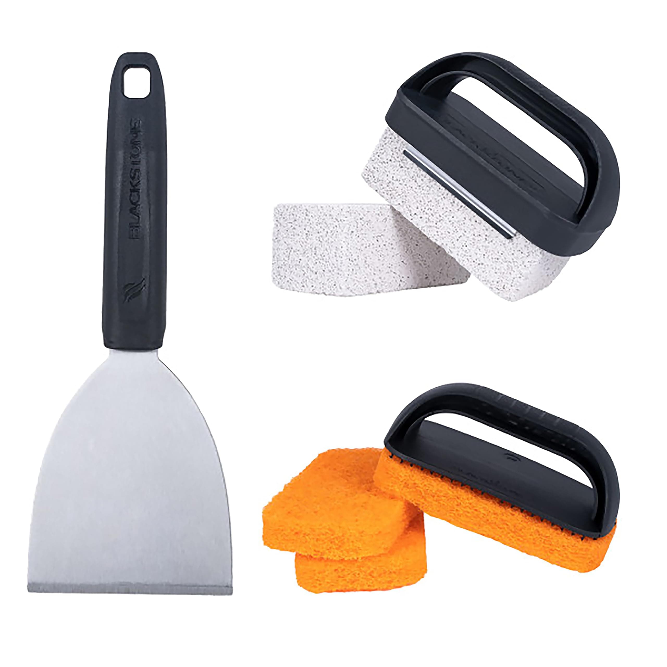 5463 Cleaning Tool Kit (8 Pieces) BBQ Grill Flat Top Indoor/Outdoor Accessories-1 Stainless Steel Griddle Scraper, 3 Scouring Pads, 2 Pumice Stone with Handle, Black, Orange, Silver