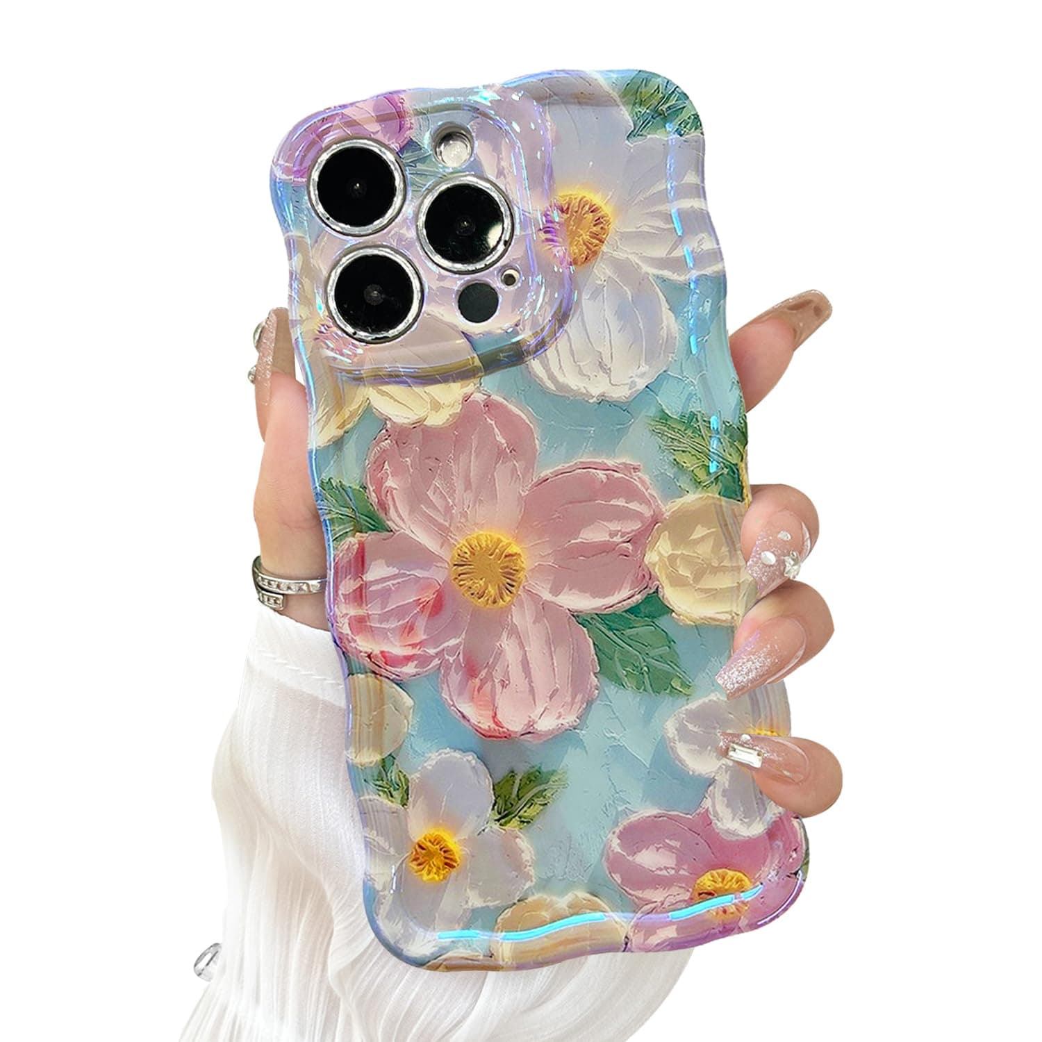 Designed for iPhone 13 Pro Case for Women, Cute Curly Wave Frame Shape, Colorful Retro Oil Painting Flower Laser Beam Glossy Pattern, Compatible with iPhone Case (iPhone 13 Pro, Blue)