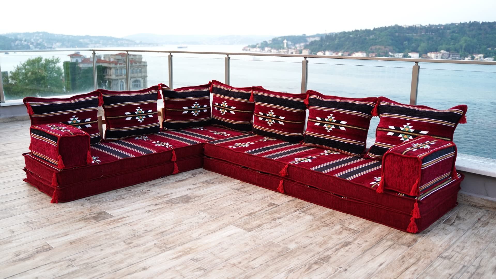 Oriental Floor Seating, Maroon Floor Sofa Seating Set, Corner Arabic Sofa, Floor Cushions, Arabic Furtiture, Arabic Majlis, Moroccan Jalsa (L Sofa Only)