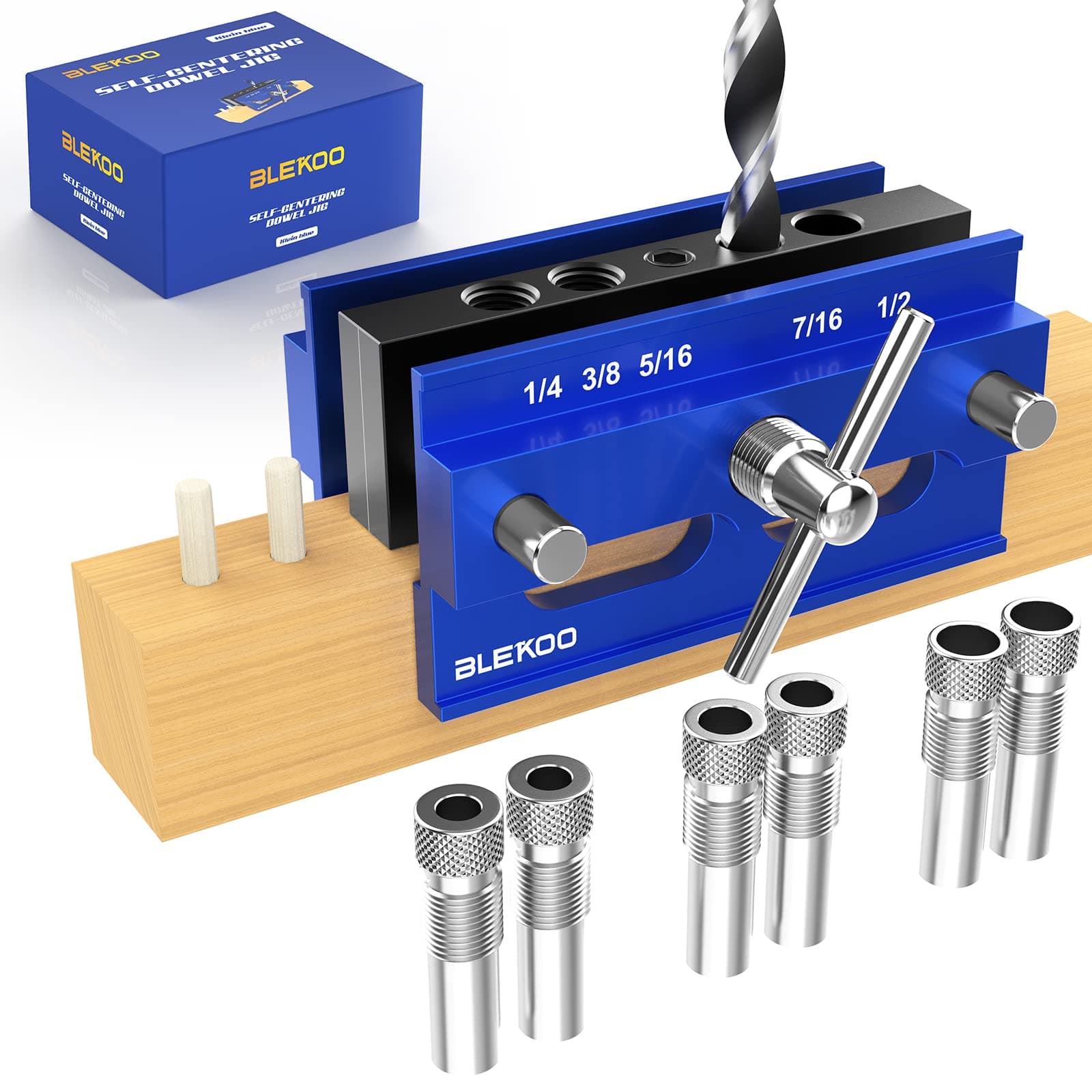 Self Centering Dowel Jig Kit, Doweling Jig Drill Guide Pocket Hole Jig for Straight Holes (Blue)