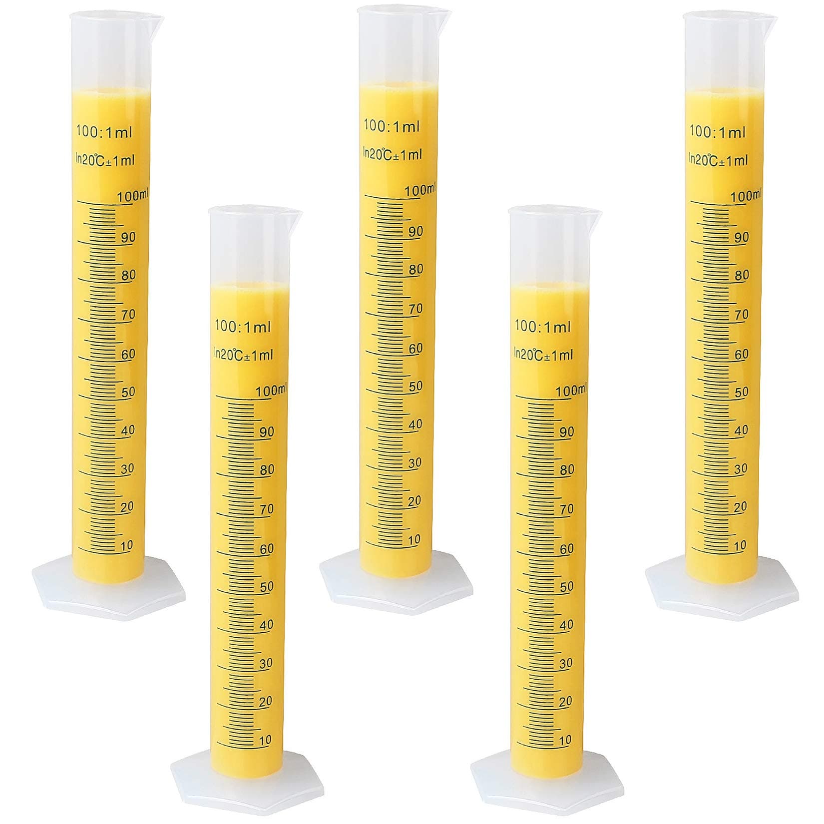 5 Pack 100 ML Plastic Graduated Cylinder Beaker, HNBun Science Measuring Test Tube Flask, 2-Sided Marking Lab Measuring Cylinder, Polypropylene, Pour Spout