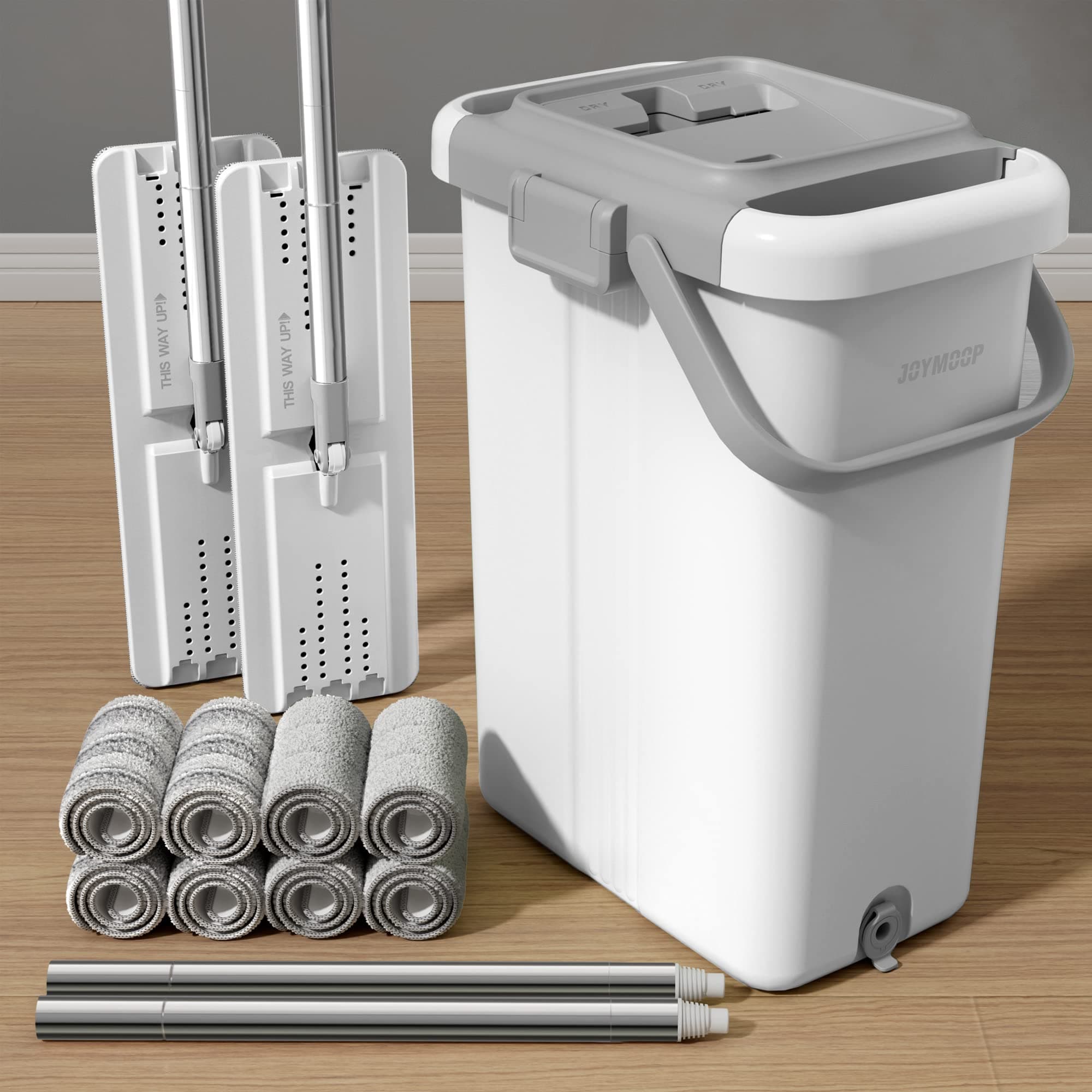 JOYMOOP Mop and Bucket Set for Floor Cleaning and Wall Cleaner, Flat Mop and Bucket System Set (White, White X-Large Bucket #5 + 60" Dual Mops + 8 Pads)
