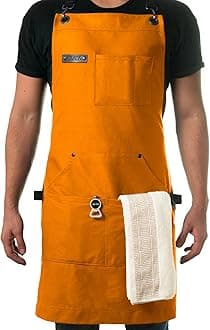 Asaya Chef and BBQ Apron with Bottle Opener and Hand Towel - 10oz Cotton Canvas, Stainless Steel Hardware - Cross Back Straps