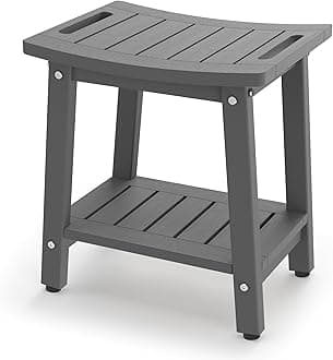 Shower Bench for Inside Shower - Grey HDPE Shower Stool Waterproof - Spa Bathroom Seat Chair with Handle, Storage Shelf, Adjustable Feet - Indoor/Outdoor, Weather Resistant