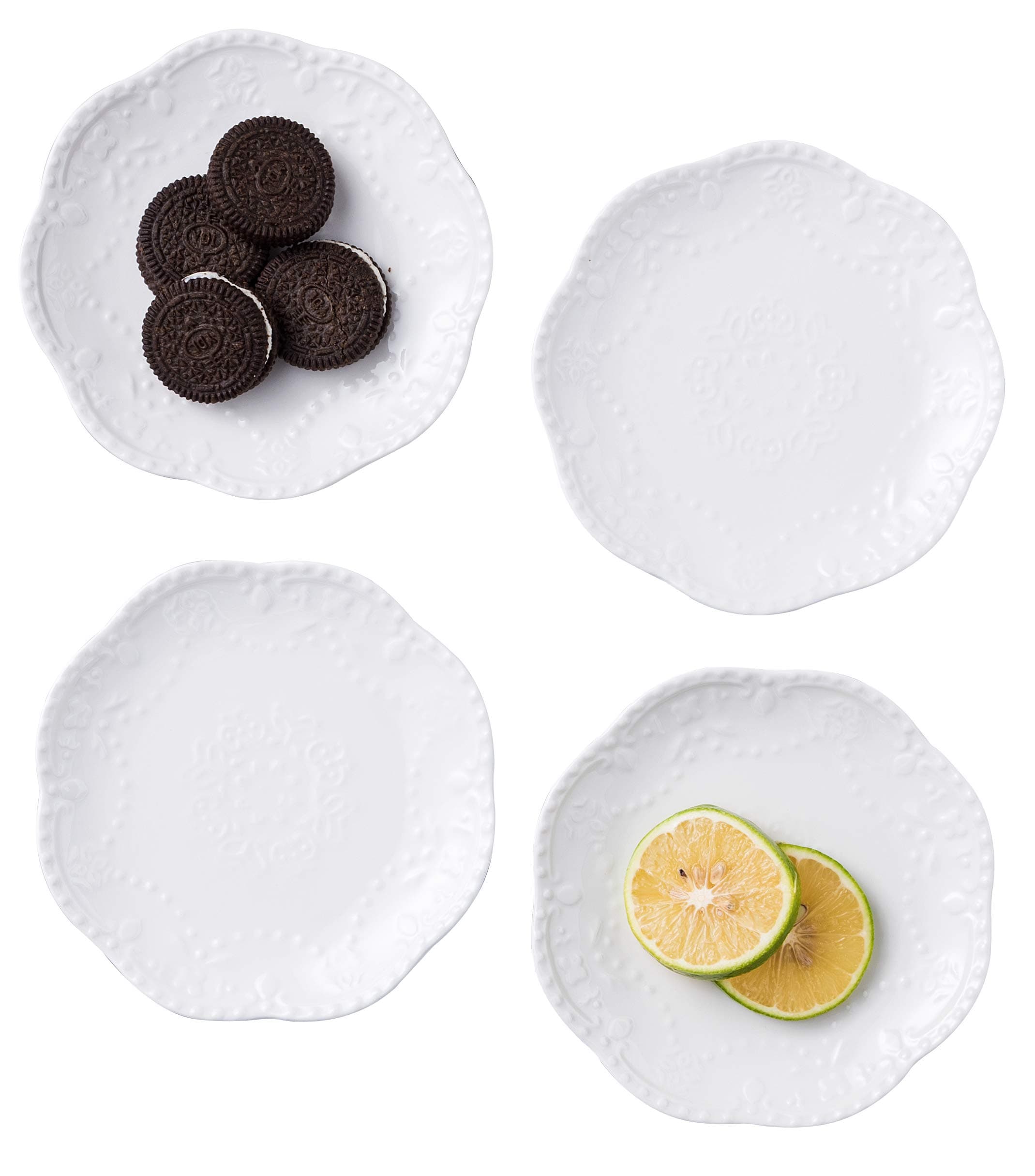 Jusalpha Embossed Lace Ceramic Plate-Dinner Plate Set, Pasta/Salad/Dessert Plate Dishwasher MicrowaveTableware Set for Restaurant Family Party Kitchen Use -4 Pieces, FD-PL15 (6 Inche, White)