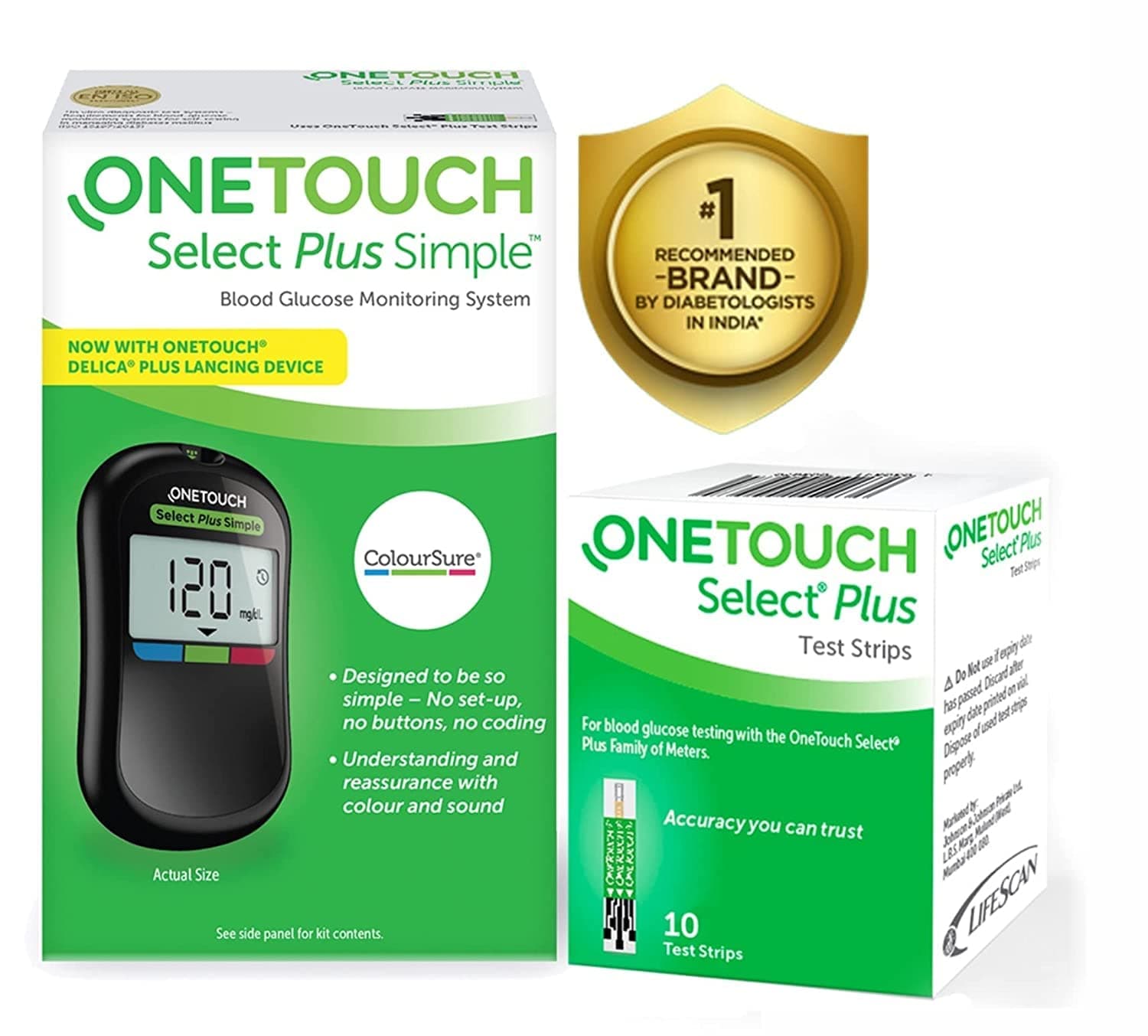 OneTouch Select Plus Simple Glucometer for Simple,Accurate & Virtually Painfree Blood Sugar Testing (Free 10 Strips +Lancing Device+10 lancets) green