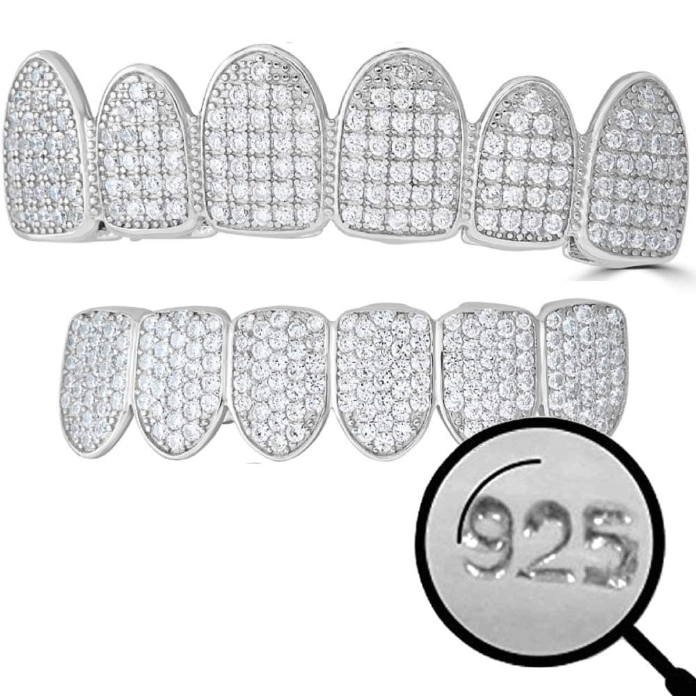 Harlembling Solid 925 Sterling Silver Real Grillz - Iced CZ - Custom Top & Bottom Grills for Teeth - Real Solid Silver NOT Plated