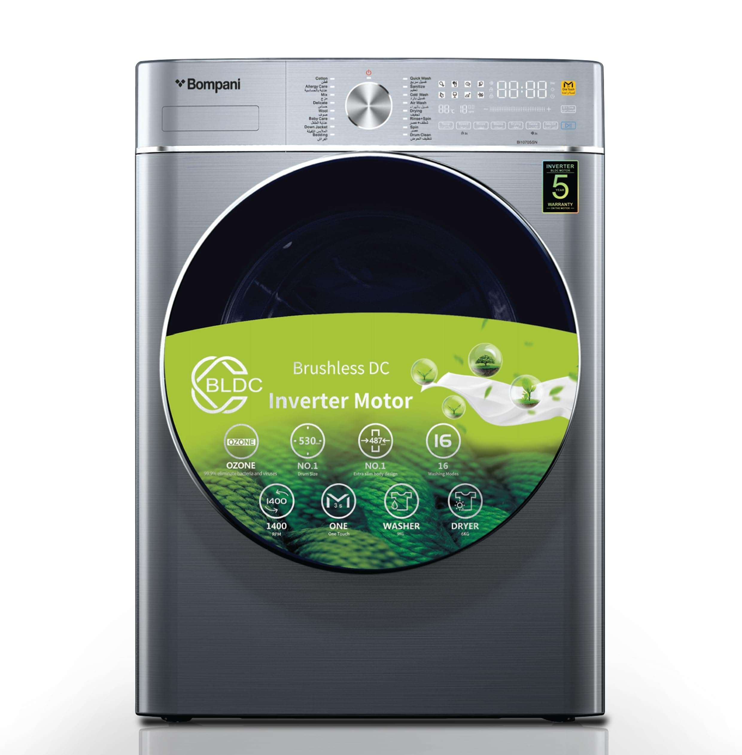 Bompani Washer Dryer 9/6 Kg, Fully Automatic Front Load Combo Wash & Dry, 9 Kg Wash & 6 Kg Dry, 1400 RPM, 16 Wash Programs, Quick Wash in 15min & 4 Drying Programs โ BI1070SSN Silver