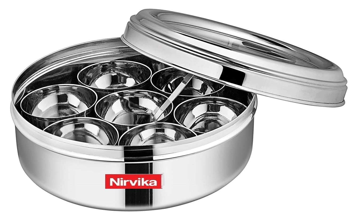 kitchenware Stainless Steel Masala Box Spice Dabba Containers for Kitchen 7 Spice Set (Silver) 1 Piece Spice Set & Small Spoon 1 Piece