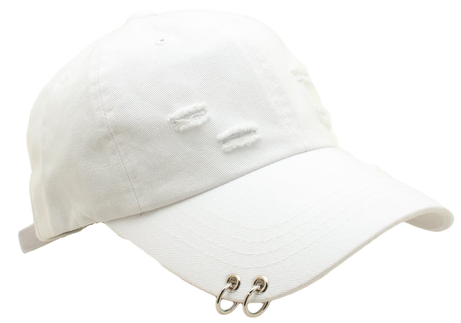 Unisex Daily Style Hat Distressed Ripped Baseball Cap Piercing Ring Stud (White)