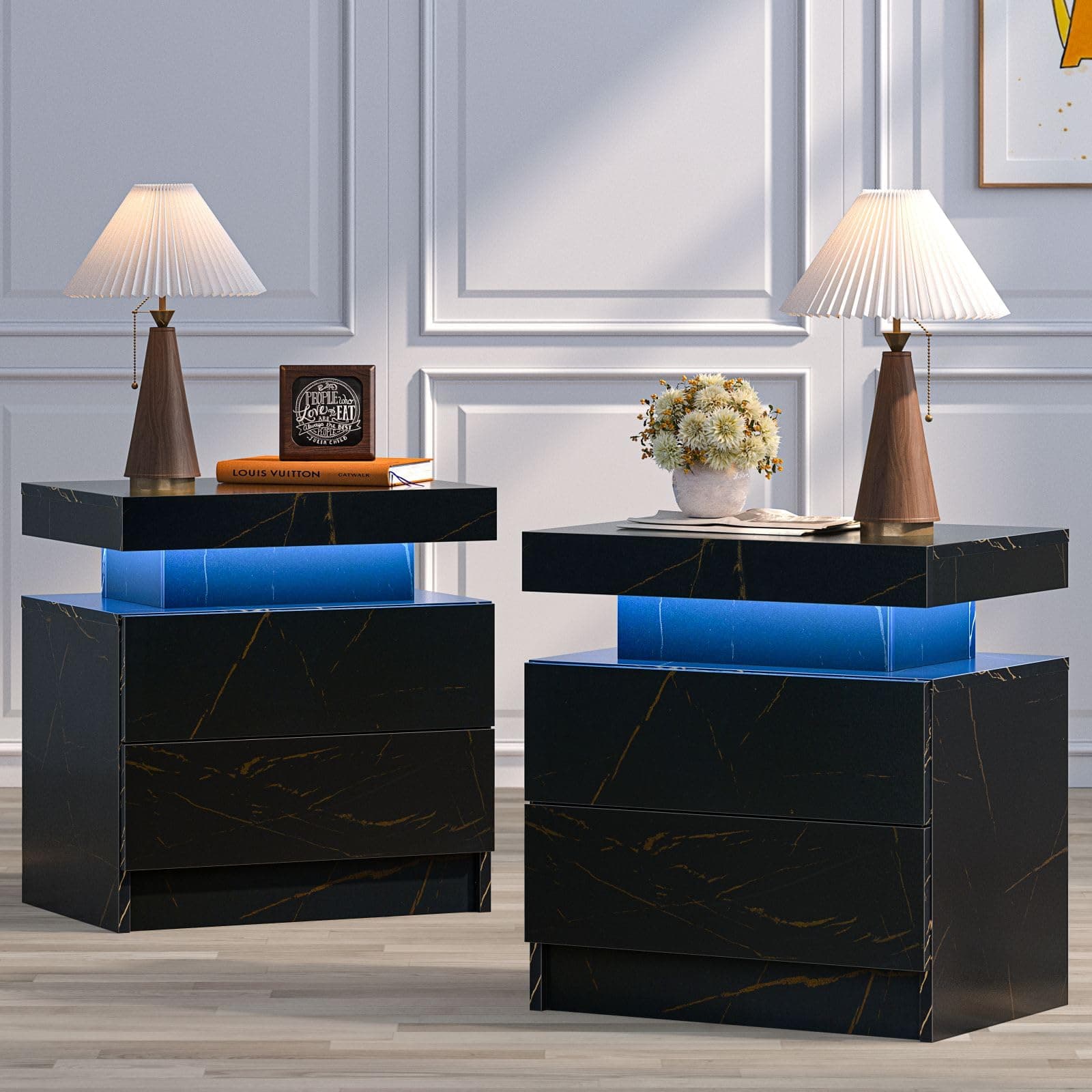 Night Stand Set 2 LED Nightstand with 2 Drawers Bedside Table with Drawers for Bedroom Side Bed Table with LED Light