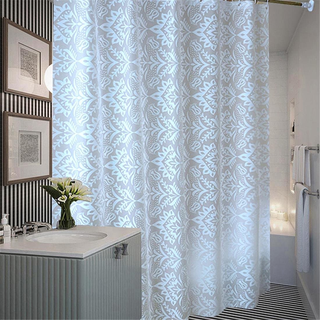 Zhomesupplies Plastic Translucent Shower Curtain, Extra Long White Pattern Mildew Resistant Waterproof Bathroom No Transparent With Enough Rings Hooks, 240 x 200 cm