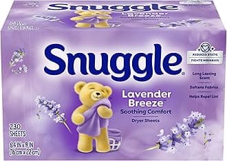 Snuggle Fabric Softener Dryer Sheets, Lavender Breeze Soothing Comfort, 230 Ct, Long-Lasting Fresh & Clean Scent, Softens Fabric, Reduces Static, Fights Wrinkles, Helps Repel Lint & Pet Hair, HE Safe