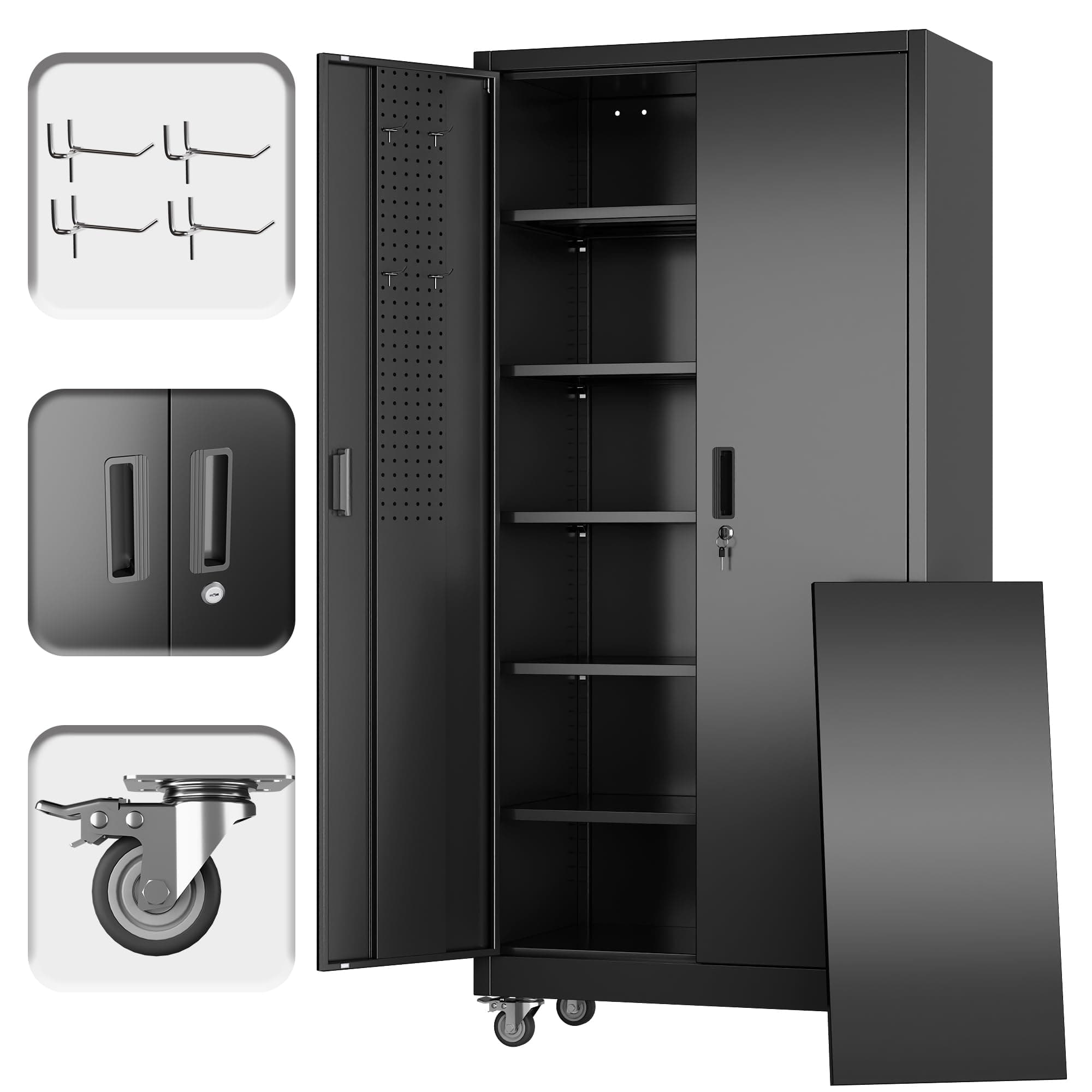 SUXXAN Garage Storage Cabinet with Wheels Pegboard and 5 Adjustable Shelves, 71'' x 32'' x 16''Metal Lockable Cabinet with Magnetic Doors,Tool Storage,Home Office Garage,Gym,School (Black)
