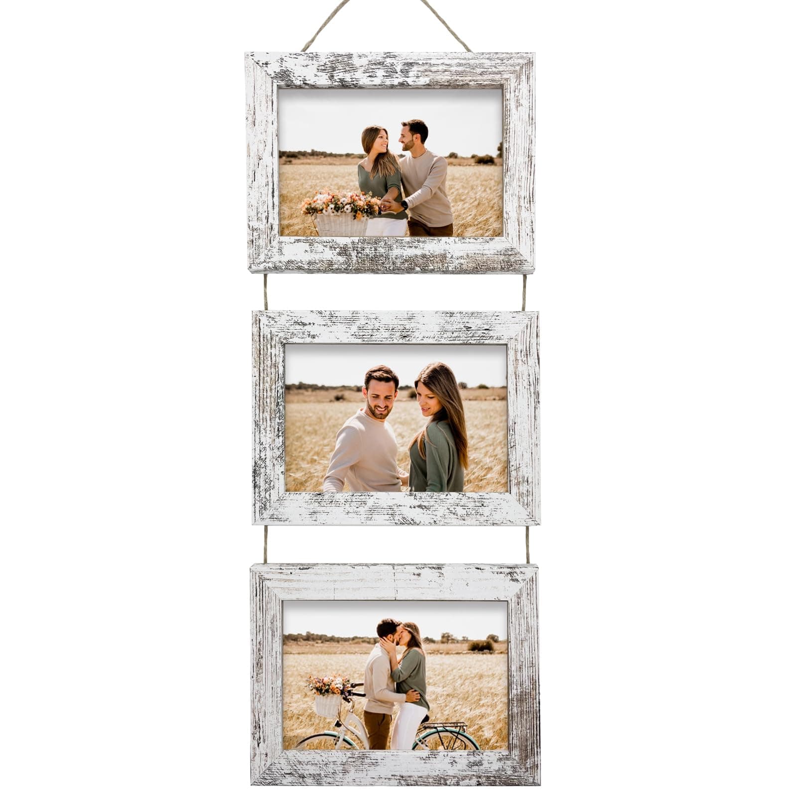 4x6 Wall Hanging Picture Frames Collage with 3 Opening Distressed White Frames