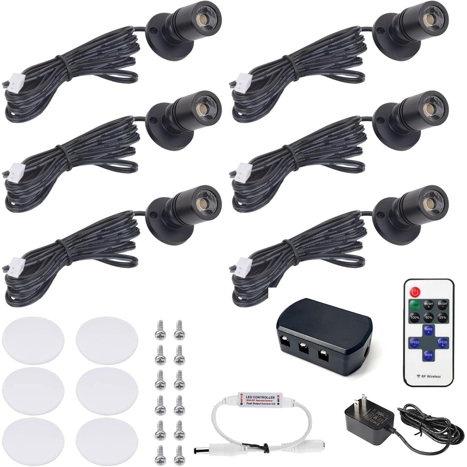 DEDC 6pcs LED Mini Spot Light, 3000K Spotlights with RF Dimmer, Art Picture Lights, Closet Spotlight for Plants Jewelry Showcase Model Display Shelves (Warm White-Remote Control-U.S. Plugs)