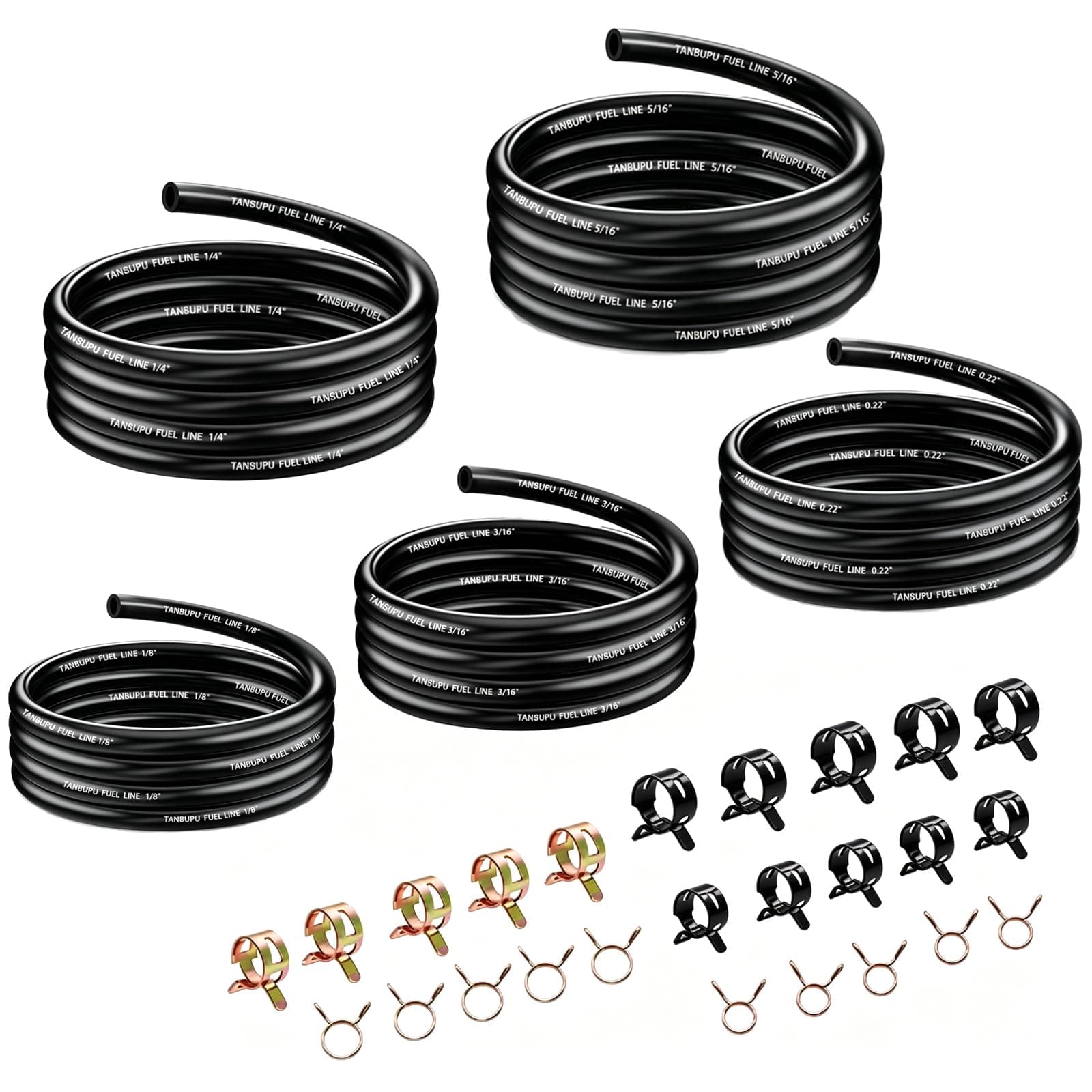 3.3Ft 5 Sizes-1/8" 3/16" 0.22" 1/4" 5/16" ID Fuel Line with 50Pcs Clamps Gas Tube Hose Compatible with Kawasaki EZGO Snowmobile Tractors Golf Cart ATV Motorcycle Small Engines Lawn Mowers