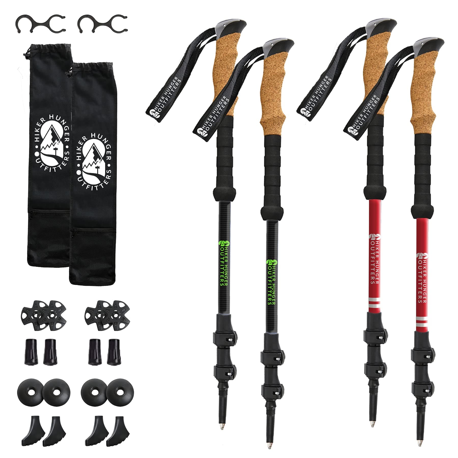 Ultimate Trekking Pole Bundle (2 Sets): Red Aluminum Hiking Pole Set with Carbon Fiber Trekking Pole Set - Backpacking Gear, Camping Gear Must Haves, Walking Sticks for Women Men Kids