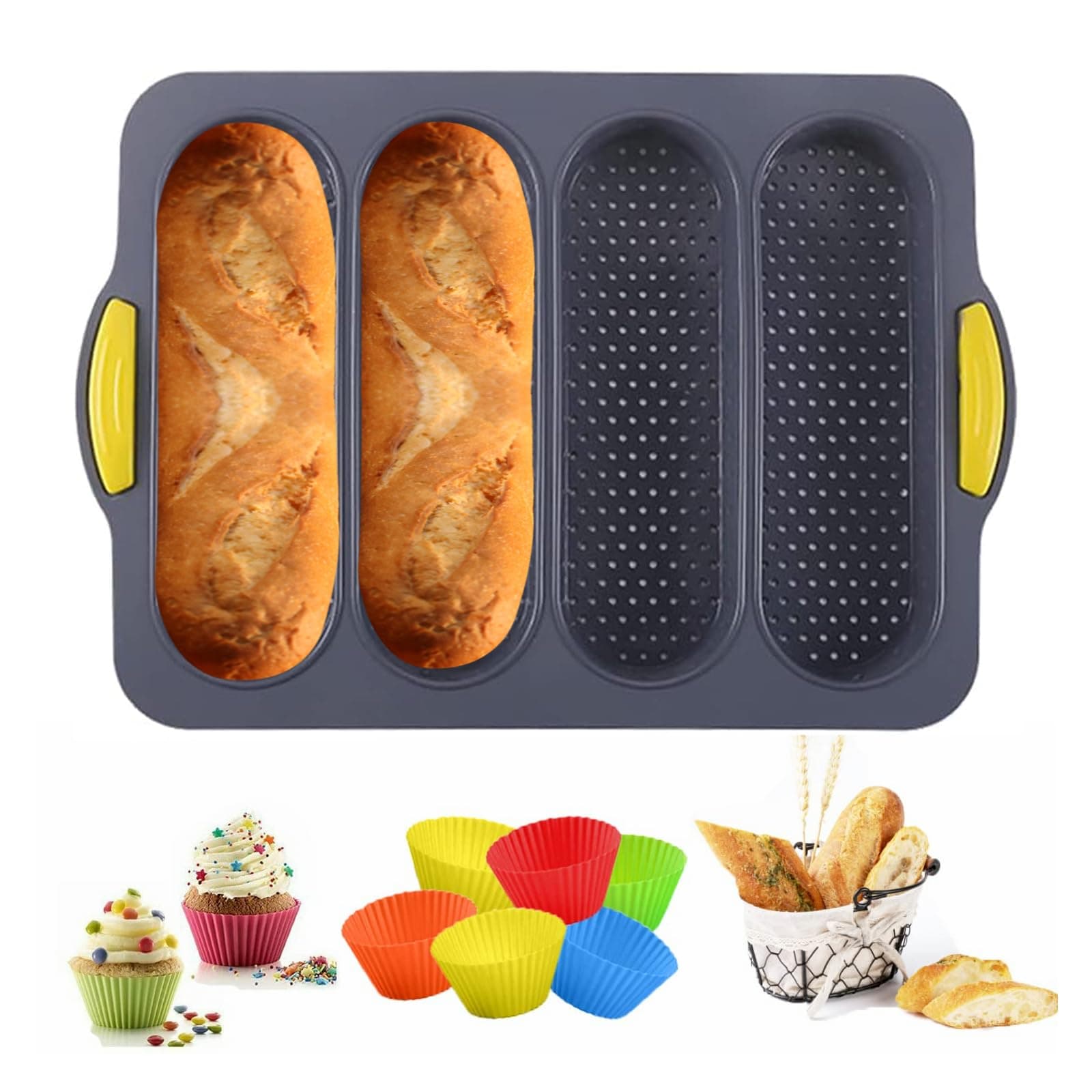 MUJUZE Sub Bread Roll Pans,French Baguette Mold, Silicone Bread Loaf Pan Sourdough Bread Pan,Non-Stick Sub Sandwich Loaf Pans Homemade Bread Accessories With 6 Muffin Cups for Homemade Bread