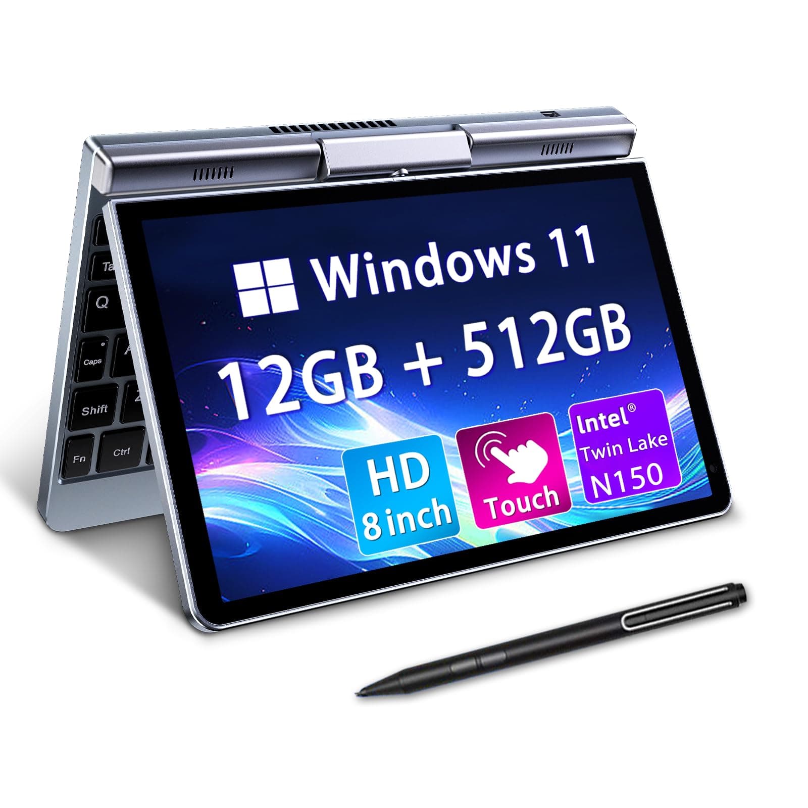 - Mini Laptop 8" 2-in-1, Laptop Computer Win 11, Intel N150(up to 3.6GHz), 12GB RAM 512GB SSD, Touchscreen HD, Backlit Keyboard, Wi-Fi 6, USB-C, Lightweight Portable PC for Work/Kids/School