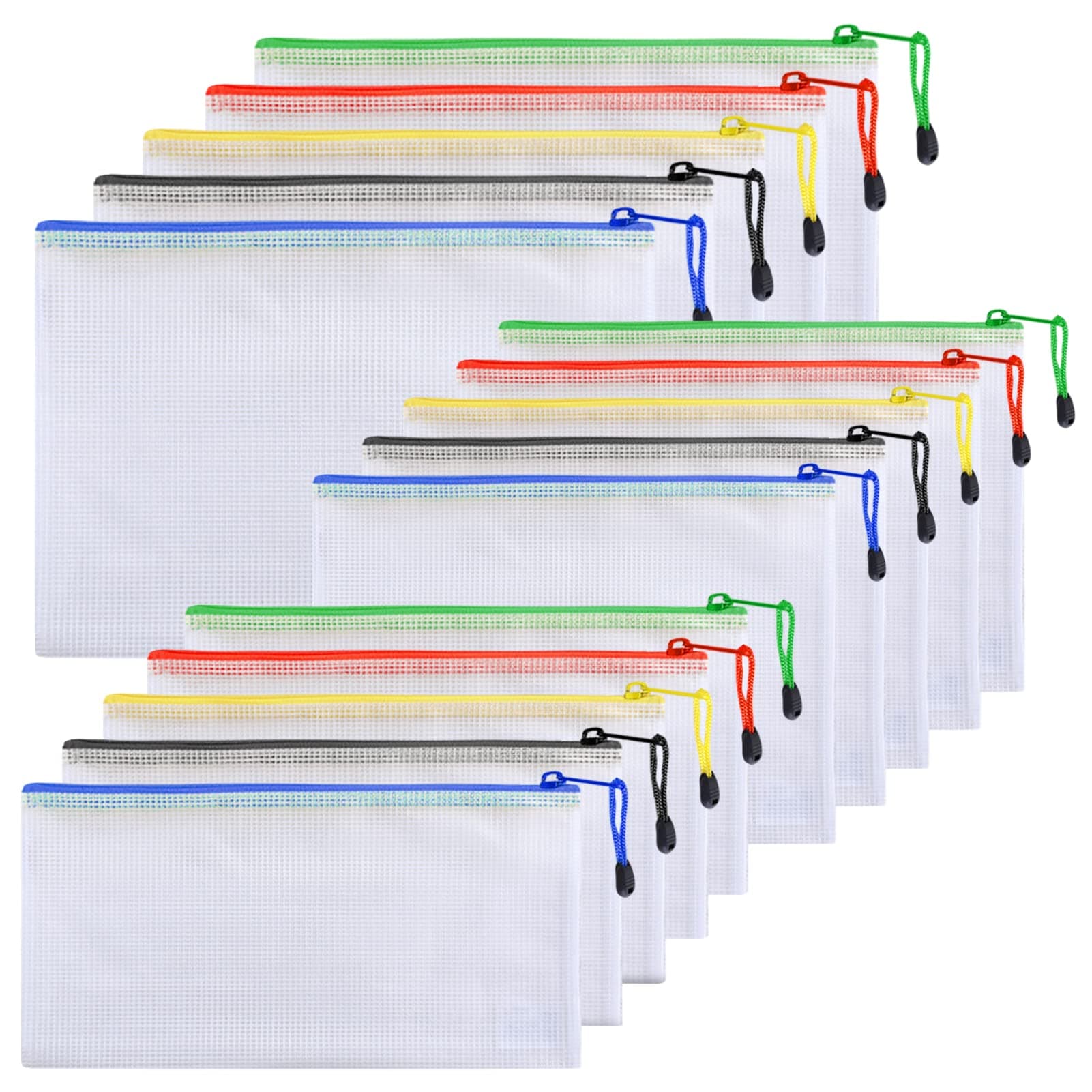 FYY A4+A5+A6 Plastic Zip Wallets Folder, 15PCS Mesh Zipper Pouch Document Wallet, A4+A5+A6 Zipper File Folders, Zip Lock Bags for School Office Household Travel Supplies