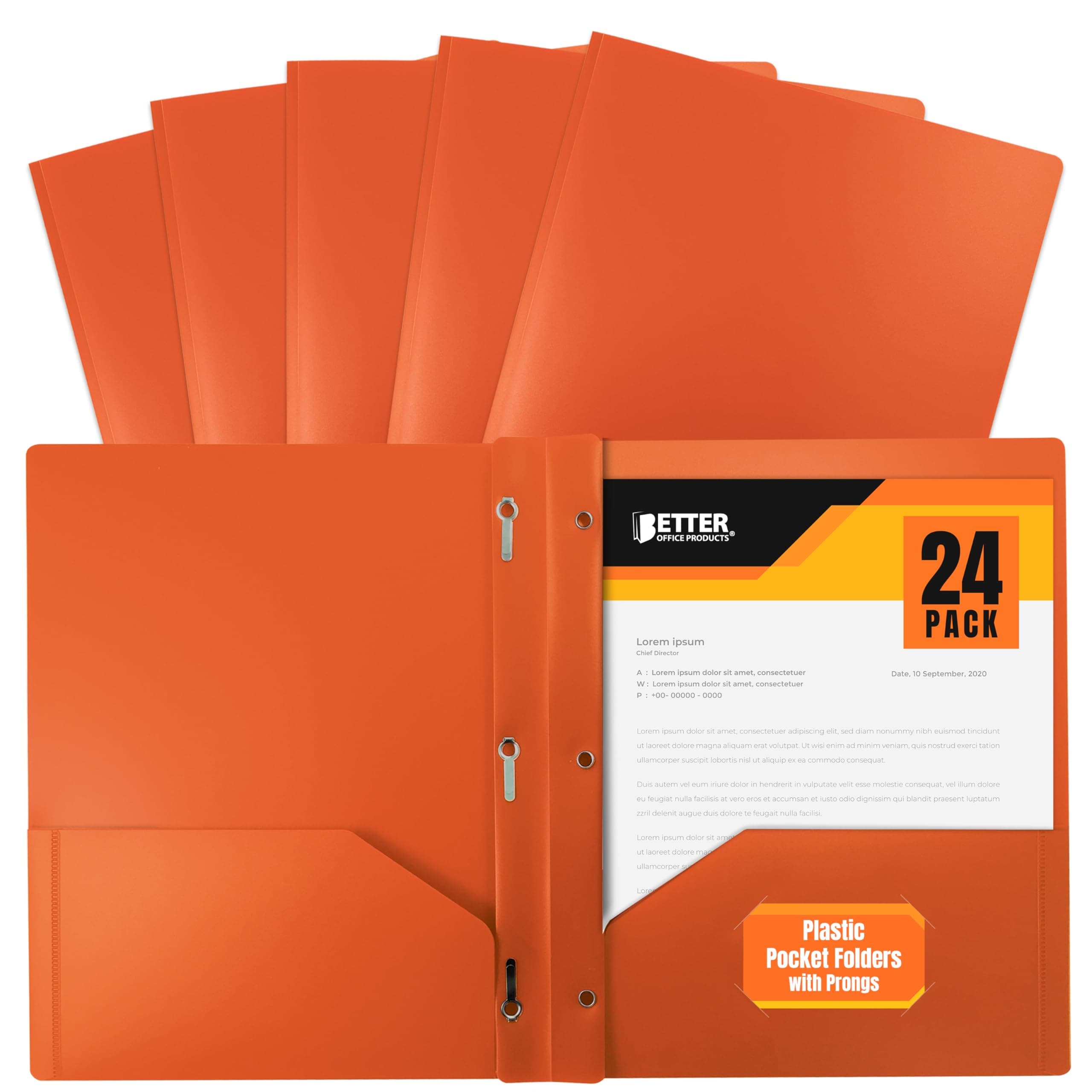 Better Office Products Orange Plastic 2 Pocket Folders with Prongs, Heavyweight, Letter Size Poly Folders, 24 Pack, with 3 Metal Prongs Fastener Clips, Orange