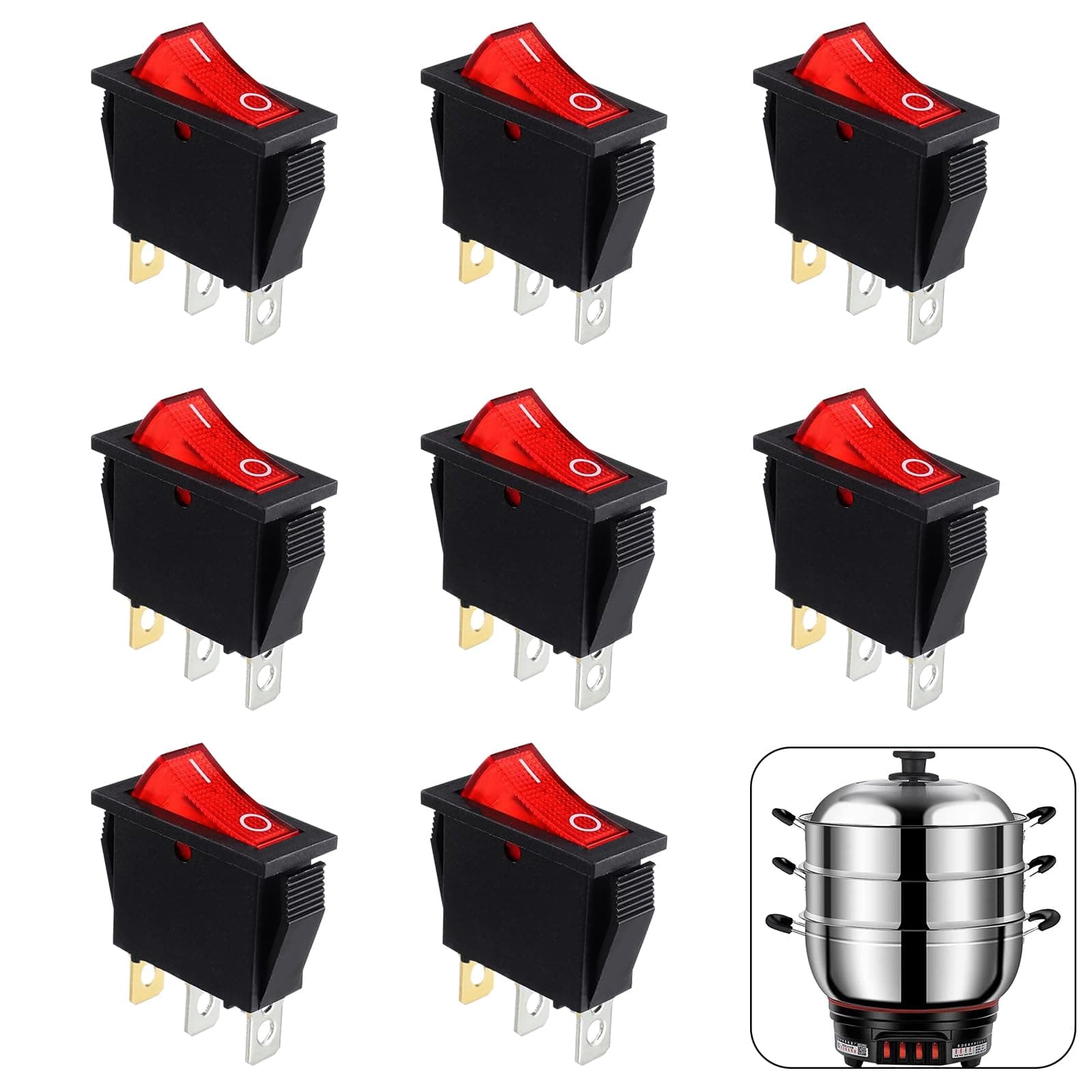 KCD3 SPST 3-Pin ON-OFF 3-Position Rocker Toggle Switch with Red Light, 8PCS for Household Appliances, Boats, and Industrial Equipment