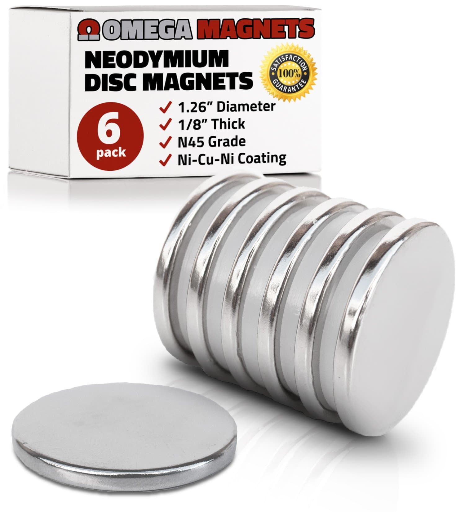 Strong Neodymium Disc Magnets (6 Pack) - 2X Stronger, 2X Thicker, Powerful, Small, Round, Rare Earth Magnets - N45 Industrial Strength NdFeB Magnet Set for Fridge, DIY, Crafts - 1.26" x 1/8"