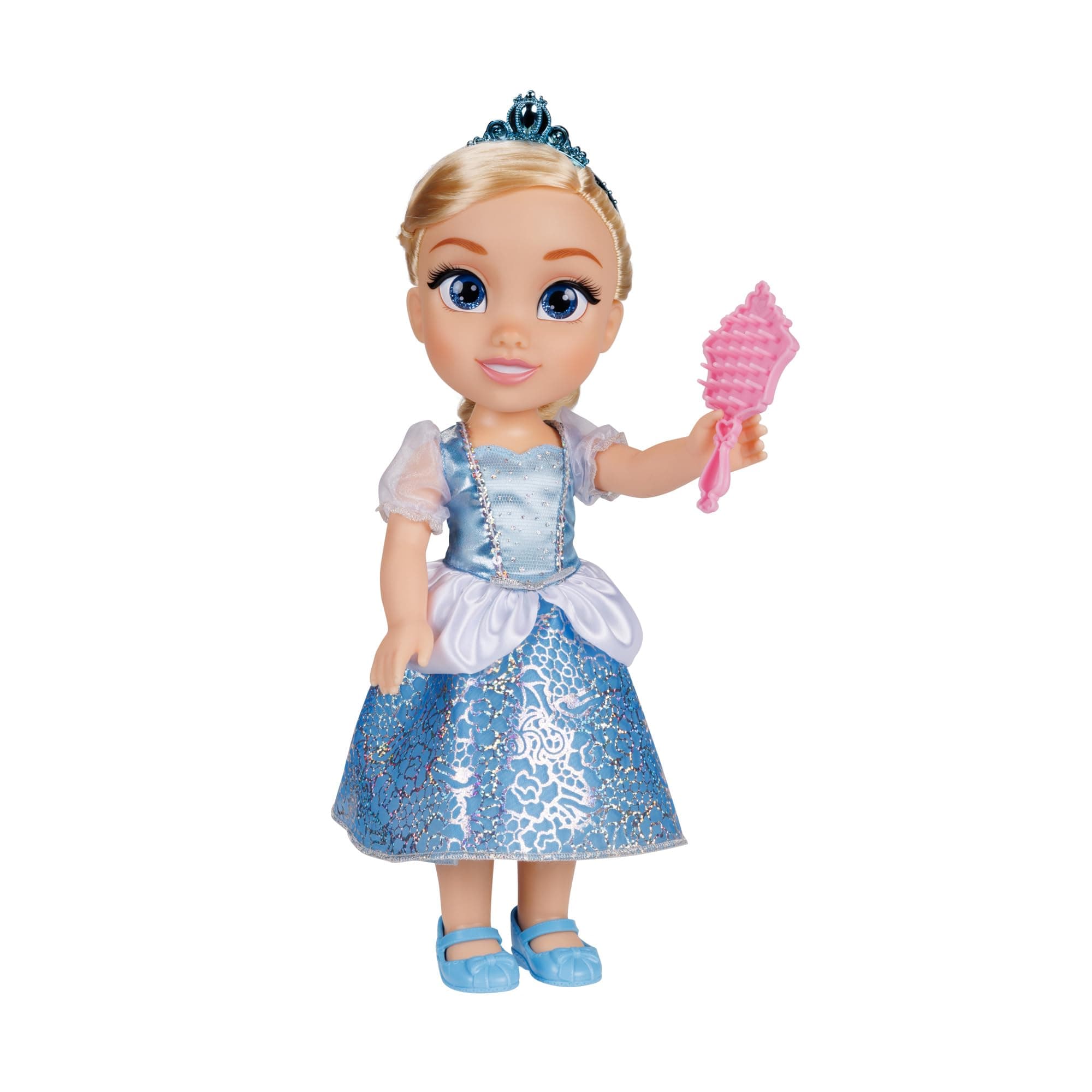 Disney Princess Cinderella Doll 35 cm, Reflective Glitter Eyes, Movable Joints, Extendable Dress, Shoes, Crown, Blonde Hair, for Girls from 3 Years